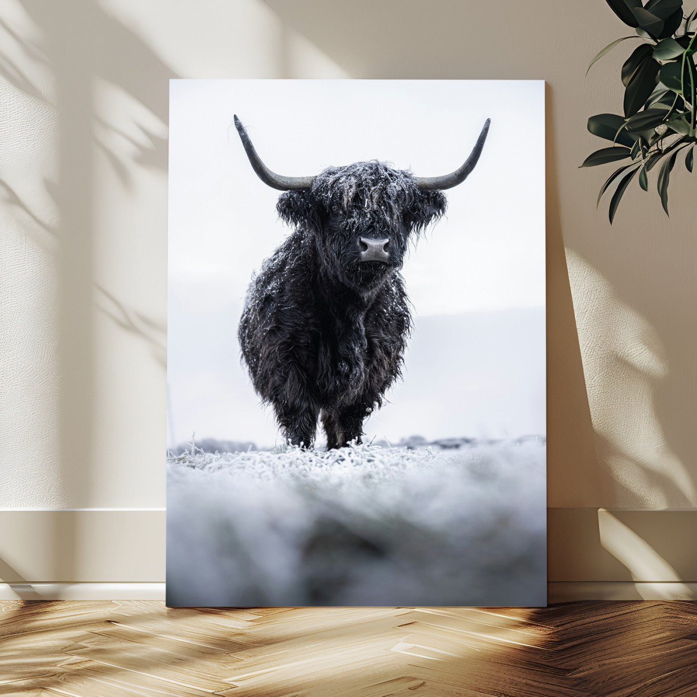 MGV-CV-24X36 - Frosty Black Highland Wall Art Canvas Print, Framed Moody Winter Aesthetic Art Picture Print, Scottish Highlands Perfect Modern Rustic Decor Artwork