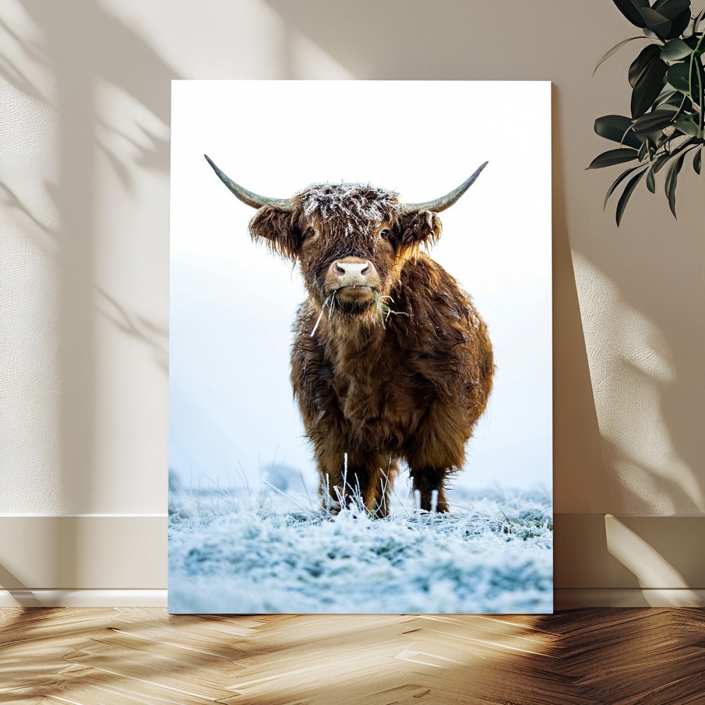 MGV-CV-24X36 - Highland Cow Wall Art Canvas Print, Framed Frosty Grass Art Picture Print, Winter Scene Perfect Rustic Farmhouse Decor Artwork
