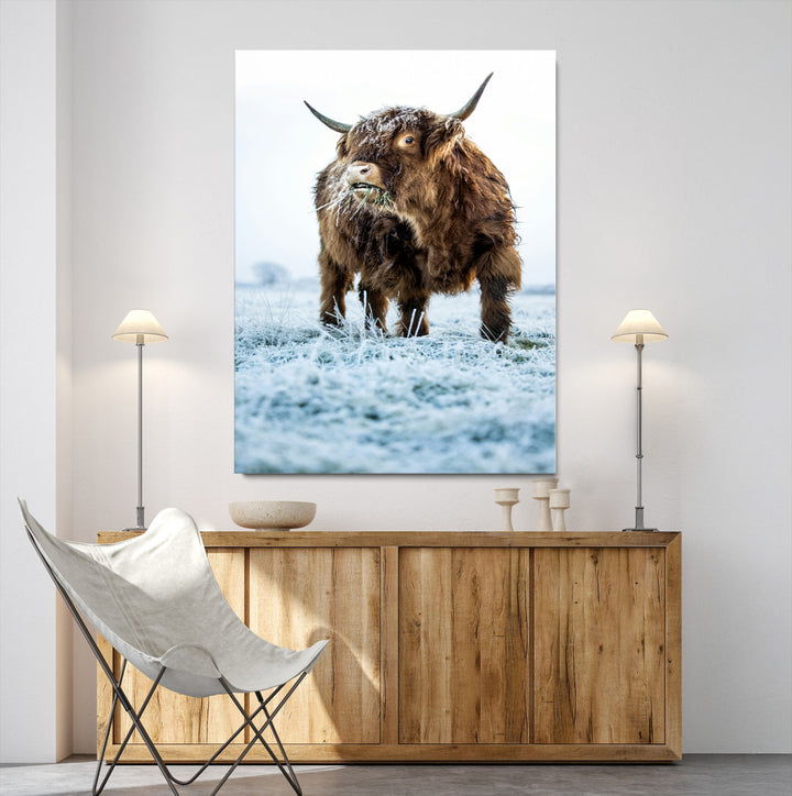 Minimalist Scottish Highlang Cow Wall Art Canvas Print for Farmhouse / County Style Art Print for Living Room - Office Decor