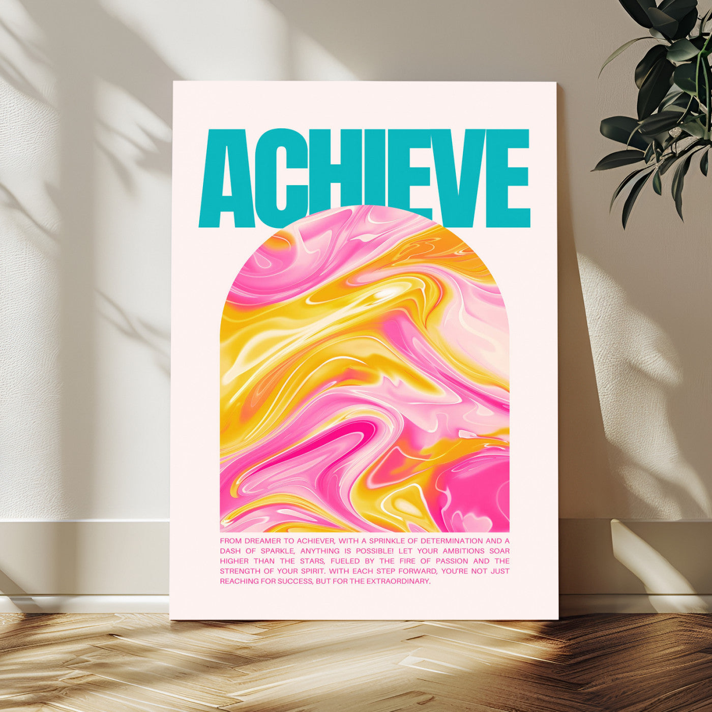 MGV-CV-24X36 - Achieve Motivational Poster Canvas Wall Art – Inspirational Abstract Pink & Yellow Swirls, Positive Quote Decor for Office, Home