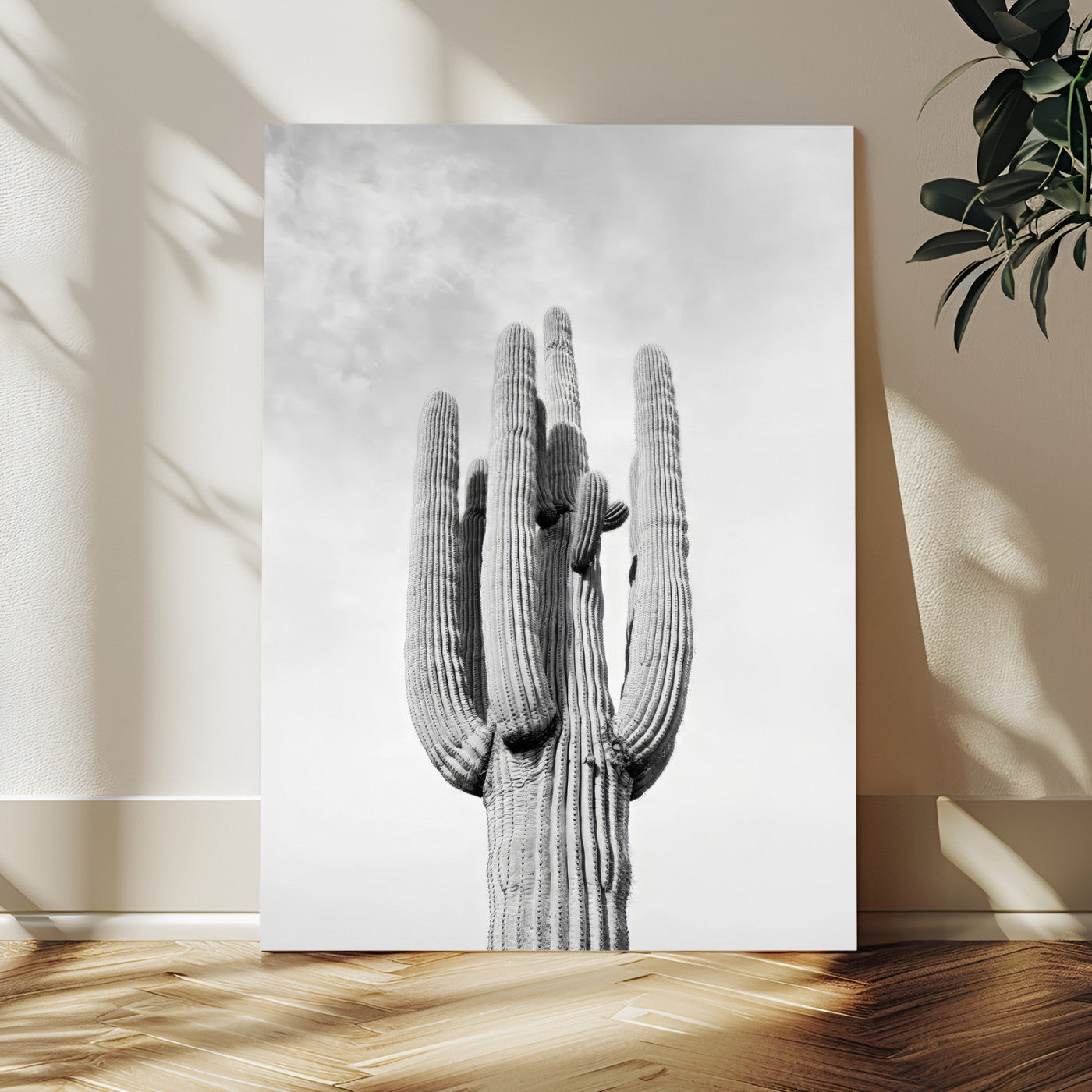 MGV-CV-24X36 - Saguaro Cactus Wall Art – Black and White Desert Landscape Canvas Print, Modern Minimalist Nature Decor for Home, Office, Living Room