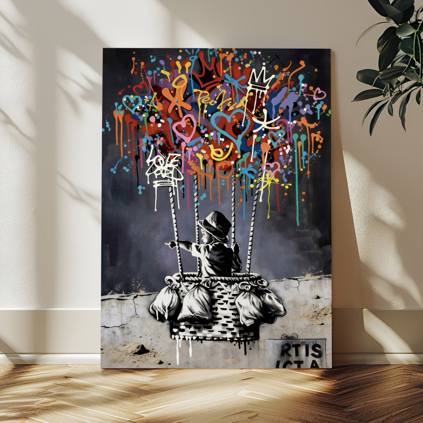 56325542-MGV-CV-24X36 - Banksy Inspired Boy Swing Wall Art Canvas Print, Graffiti Balloon Hearts Street Art, Colorful Urban Mural Artwork for Modern Living Room Decor