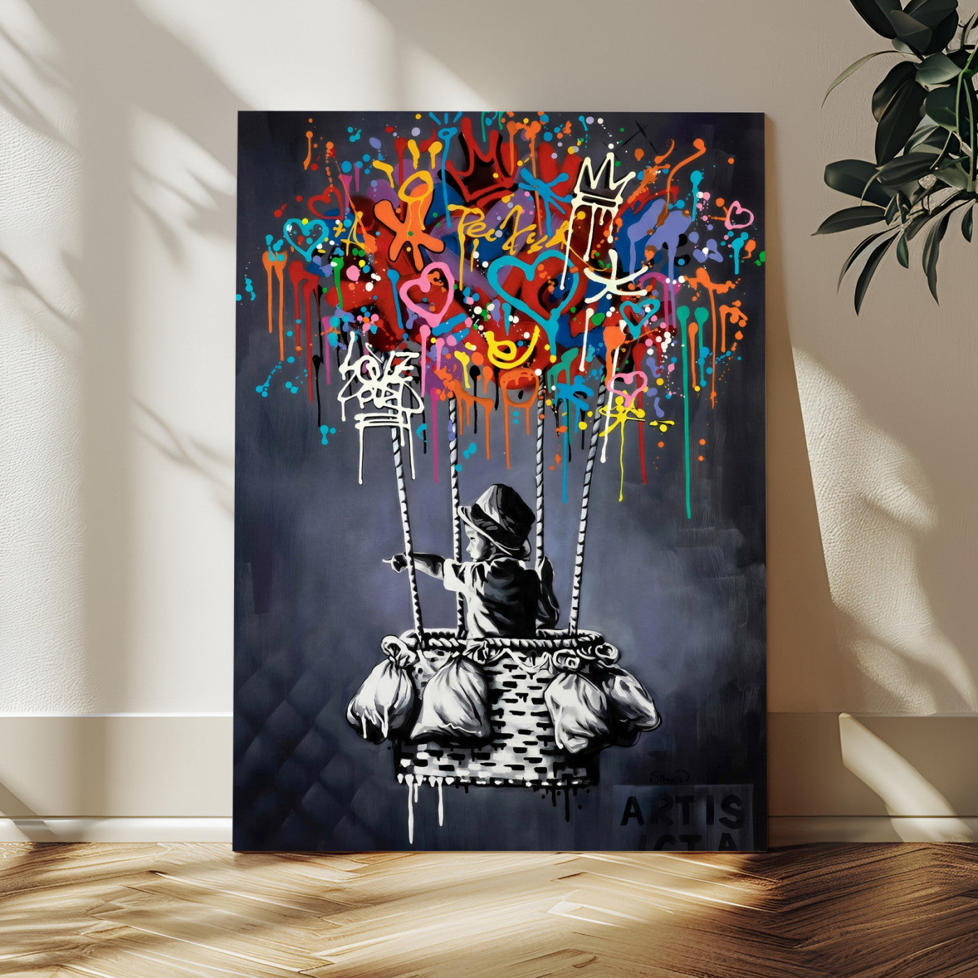 87352999-MGV-CV-24X36 - Banksy Inspired Boy Swing Wall Art Canvas Print, Graffiti Balloon Hearts Street Art, Colorful Urban Mural Artwork for Modern Living Room Decor