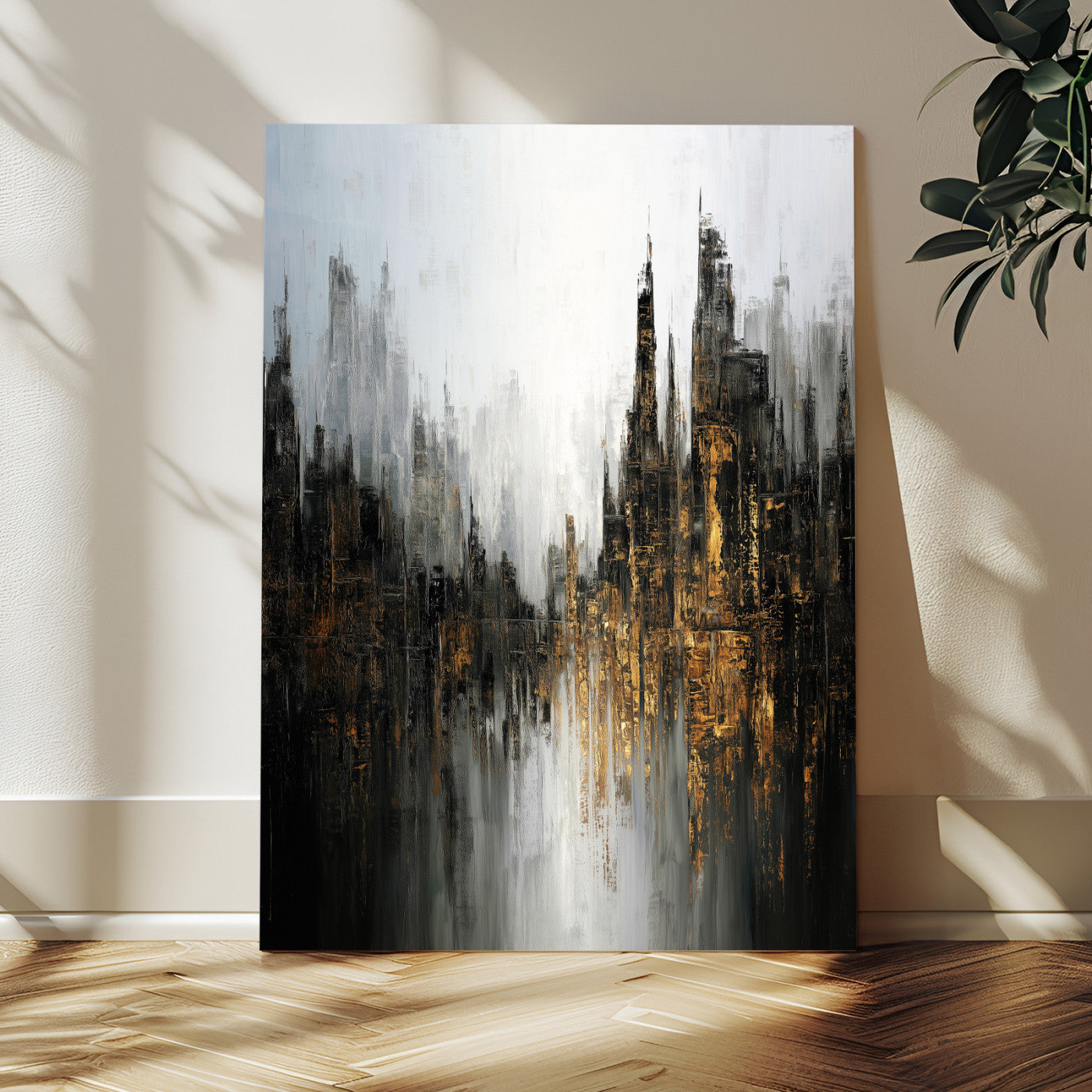 39629486-MGV-CV-24X36 - Abstract Urban Reflection Wall Art Canvas Print, Gold Black Modern Architecture Canvas Print, Contemporary Moody City Artwork for Living Room Decor