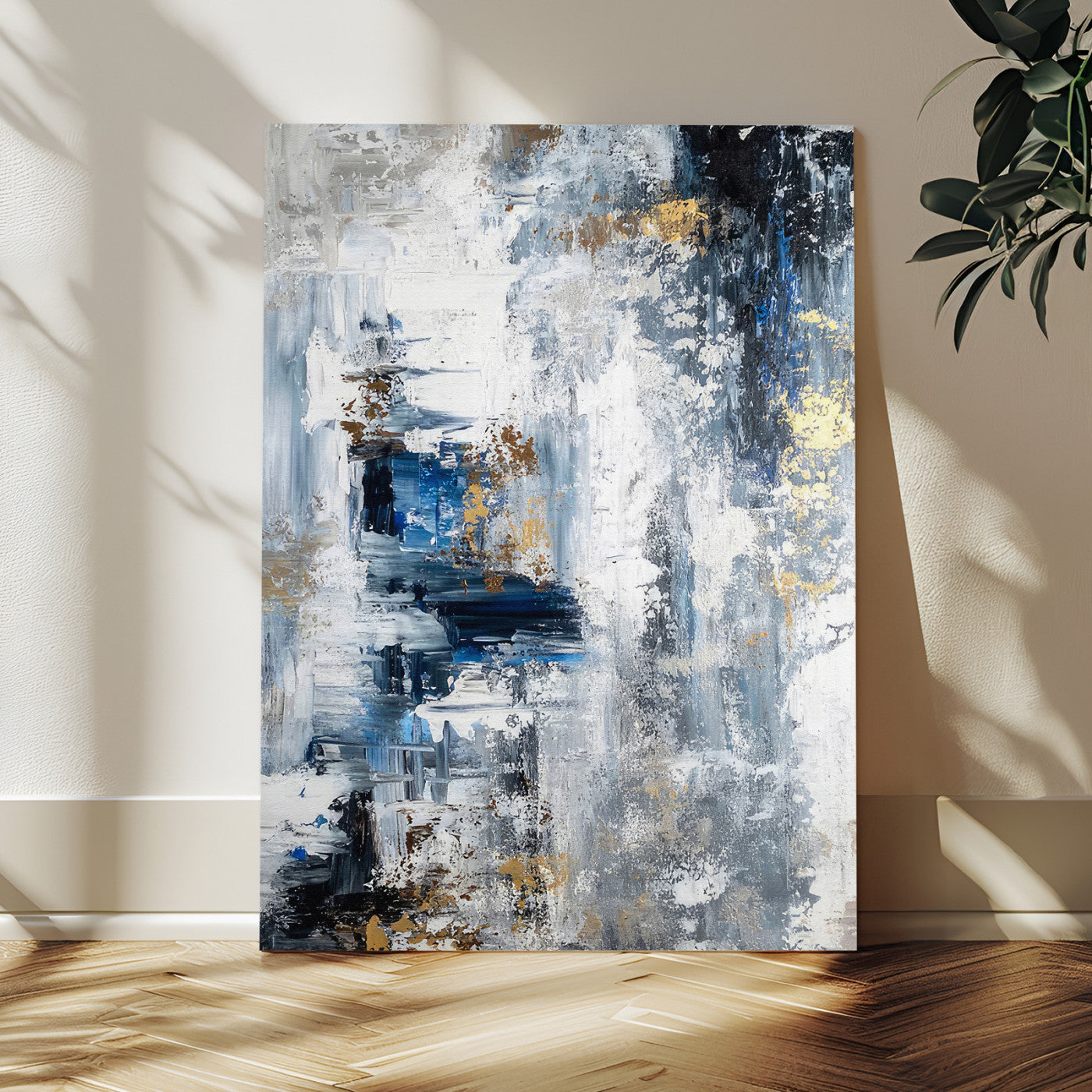 3962948988-MGV-CV-24X36 - Blue Abstract Wall Art Canvas Print, Gold Black Modern Architecture Canvas Print, Contemporary Moody City Artwork for Living Room Decor