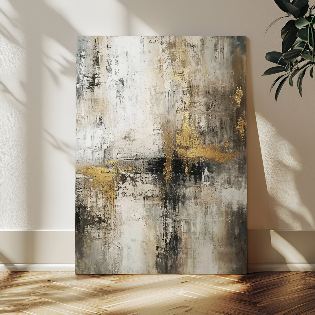 Framed Abstract Wall Art Canvas Print, Gold Black Modern Architecture Art