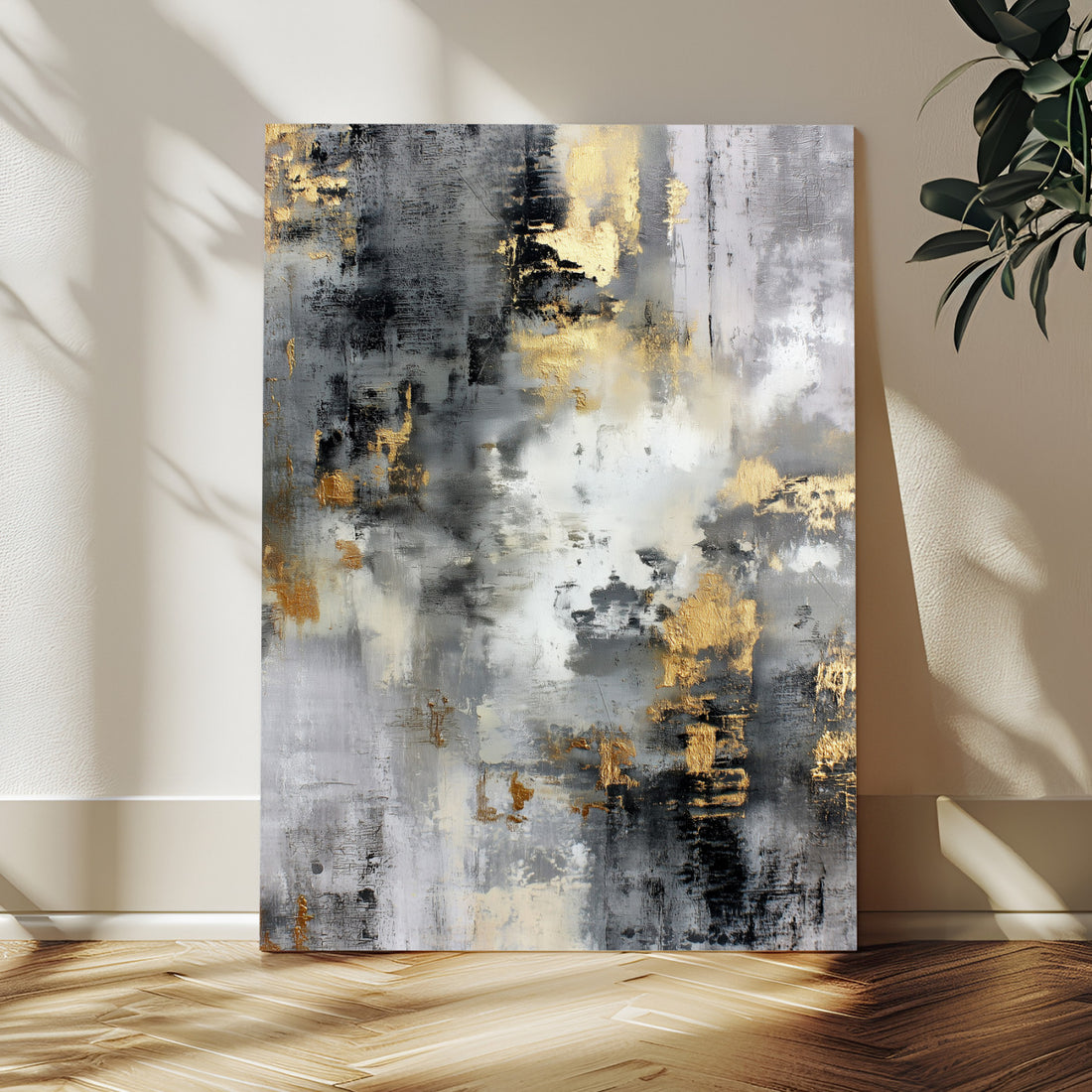 Gray Gold Abstract Wall Art Canvas Print, Painterly Modern Minimalist Artwork