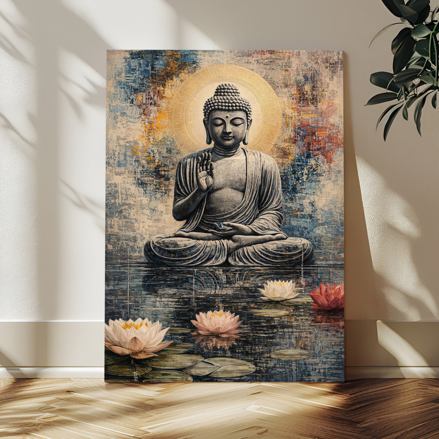 3812625445543-MGV-CV-24X36 - Serene Buddha with Lotus Flowers | Tranquil Meditation Art | Zen Wall Decor for Mindful Living Spaces | Spiritual Canvas Print