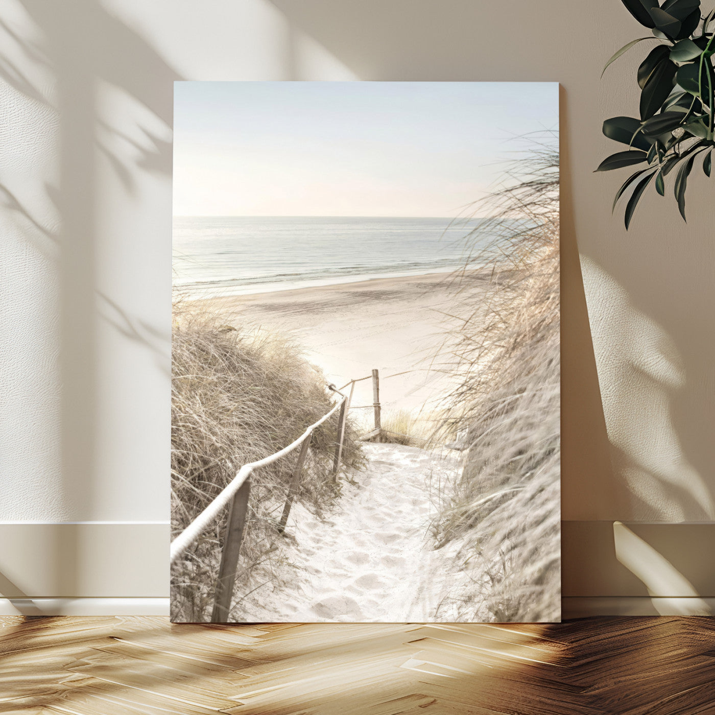 58415953-MGV-CV-24X36 - Coastal Beach Path Wall Art Canvas Print - Neutral Ocean Shore Landscape Artwork for Minimalist Home Decor