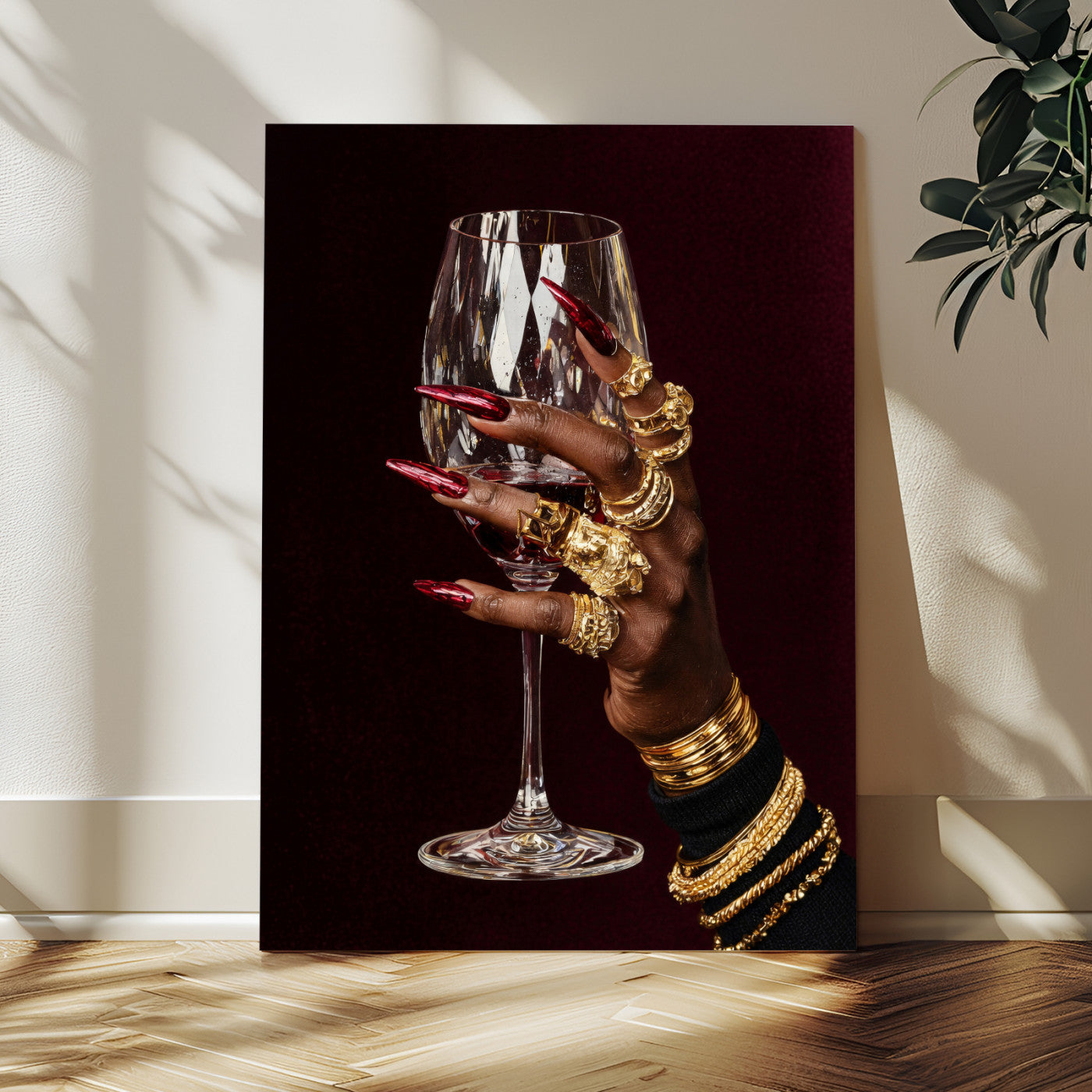8151788Y6-MGV-CV-24X36 - Black Woman Holding Elegant Wine Glass Art, Black Girl Art, Black Woman Art, Trendy Black Girl Wall Art