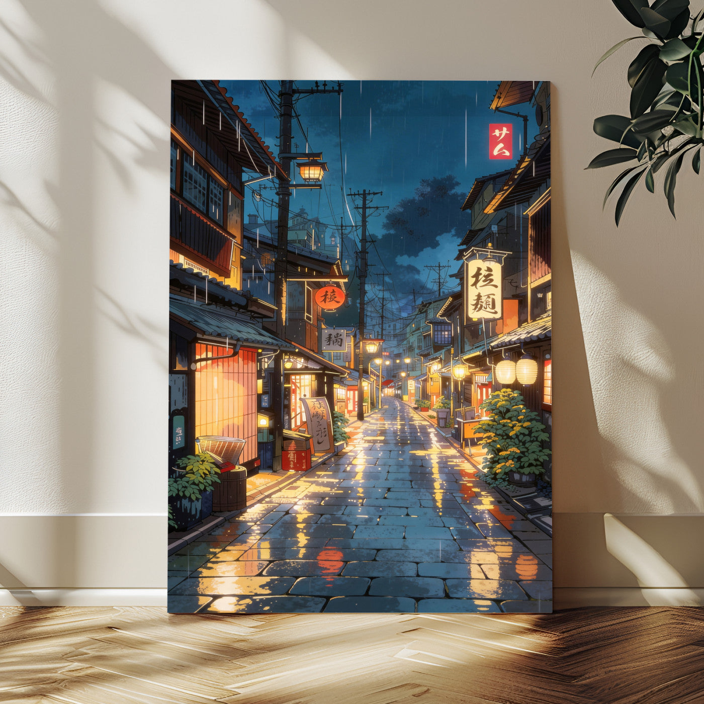 4712069J1-MGV-CV-24X36 - Tokyo Tea House Canvas Wall Art — Japan Rainy Night Street Print | Anime Style Decor | Japanese Tea House Art | Tokyo City Gift