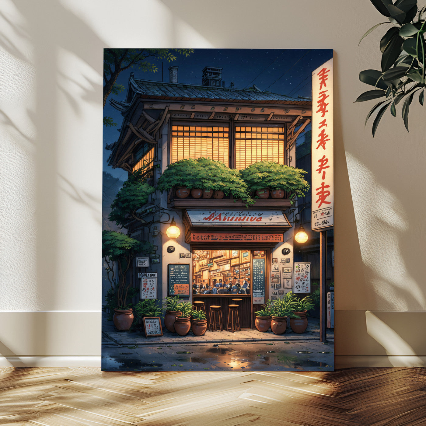 4712069TE1-MGV-CV-24X36 - Evening at the Ramen Shop Canvas Wall Art — Japan Night Anime Print | Japanese Restaurant Decor | Lofi Wall Art | Ramen Lover Gift