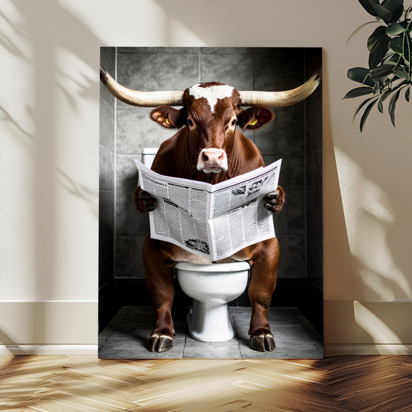 69808726-MGV-CV-24X36 - Texas Longhorn Cow Toilet Paper Canvas Wall Art, Funny Bathroom Black White Print, Cute Animal Humor Decor, Quirky Farmhouse Bathroom Art, Cow Lover Gift