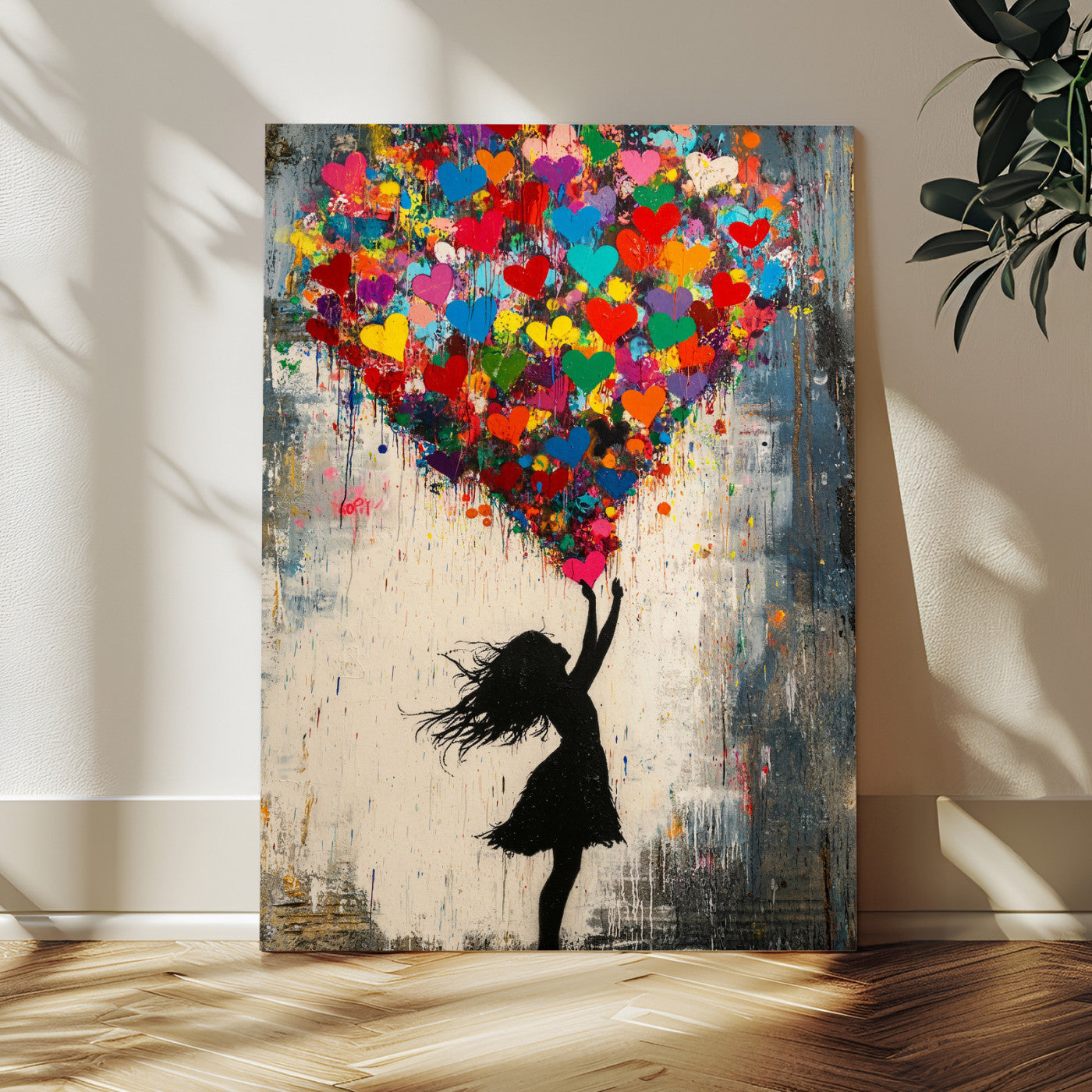 36253538-MGV-CV-24X36 - Banksy Street Art Canvas Wall Art, Girl Heart Balloons Banksy Style Print, Colorful Graffiti Love Decor, Urban Pop Art, Kids Room Inspirational Wall Art