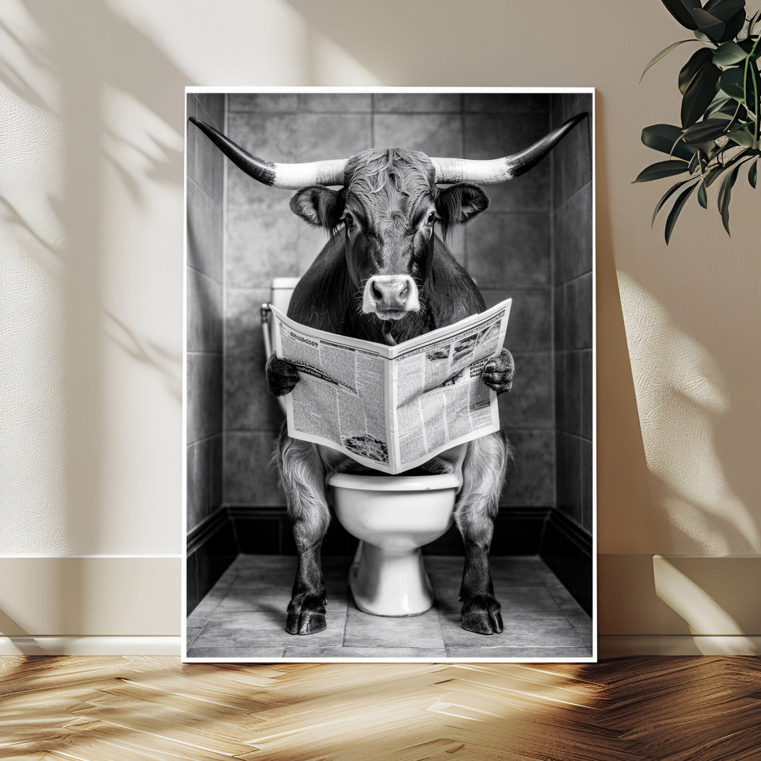 Texas Longhorn Cow Toilet Paper Canvas Wall Art, Funny Bathroom Decor