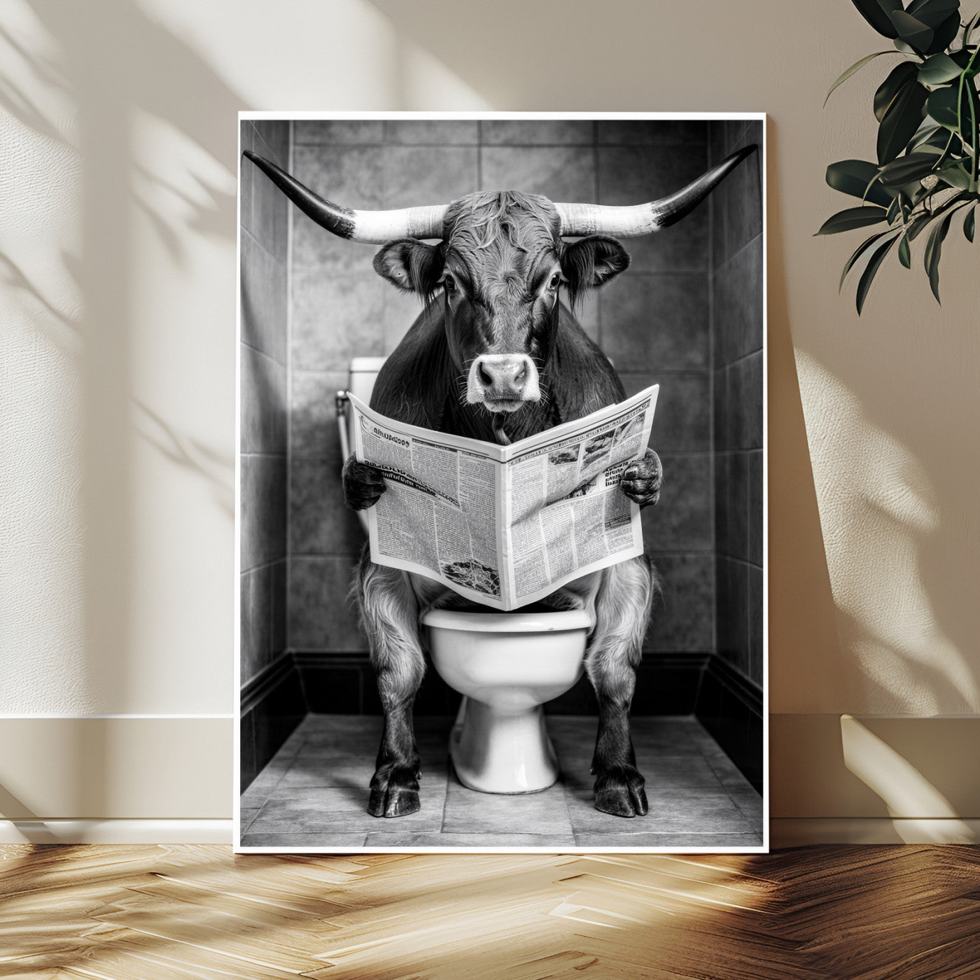 77994492-MGV-CV-24X36 - Texas Longhorn Cow Toilet Paper Canvas Wall Art, Funny Bathroom Black White Print, Cute Animal Humor Decor, Quirky Farmhouse Bathroom Art, Cow Lover Gift