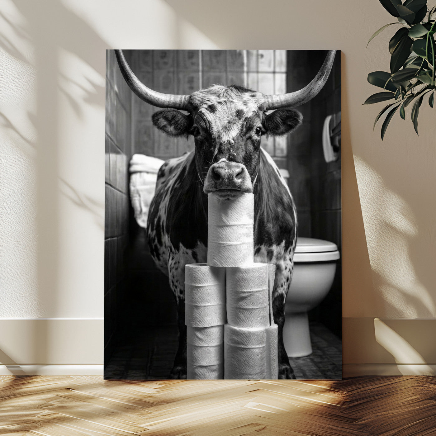 79259956-MGV-CV-24X36 - Texas Longhorn Cow Toilet Paper Canvas Wall Art, Funny Bathroom Black White Print, Cute Animal Humor Decor, Quirky Farmhouse Bathroom Art, Cow Lover Gift