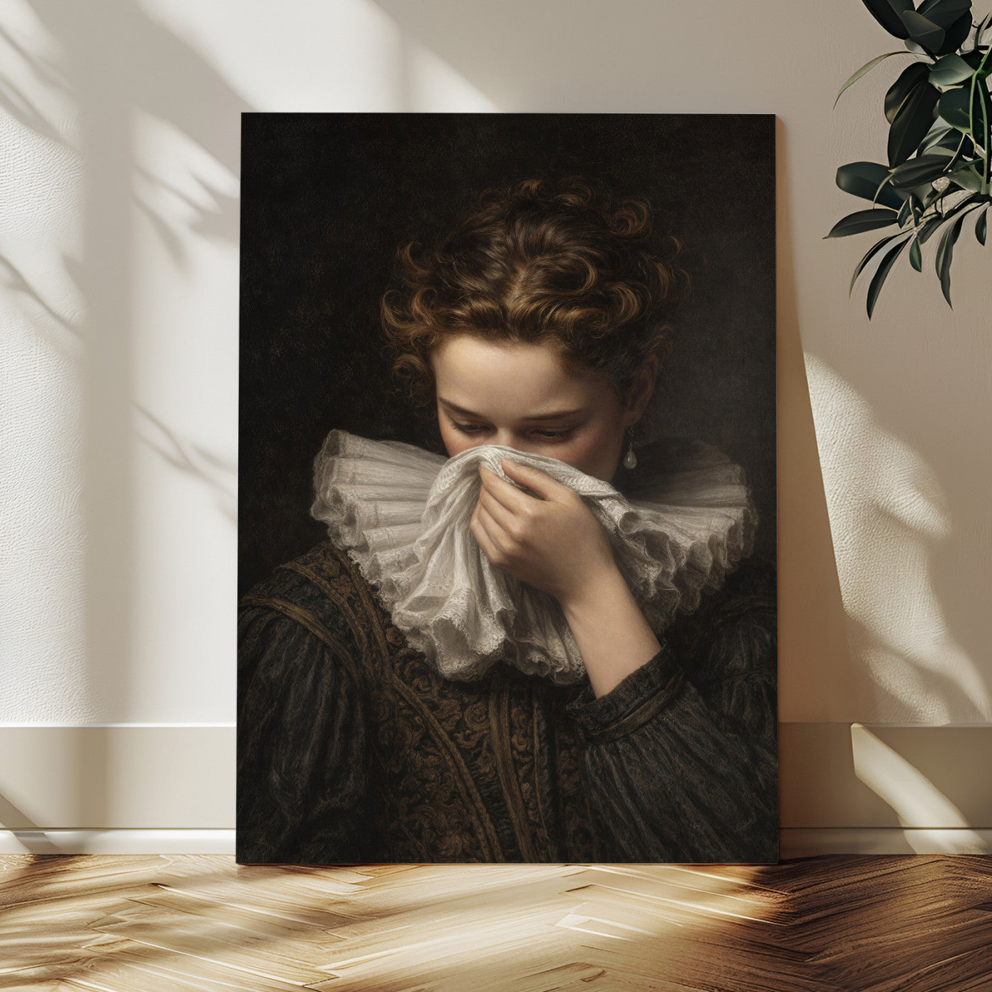 62652430-MGV-CV-24X36 - Baroque Portrait Canvas Wall Art, Flemish Woman with Lace Collar Print for Bathroom Wall Art, Funny Toilet Decor, Renaissance Style Portrait, Moody Vintage Wall Art