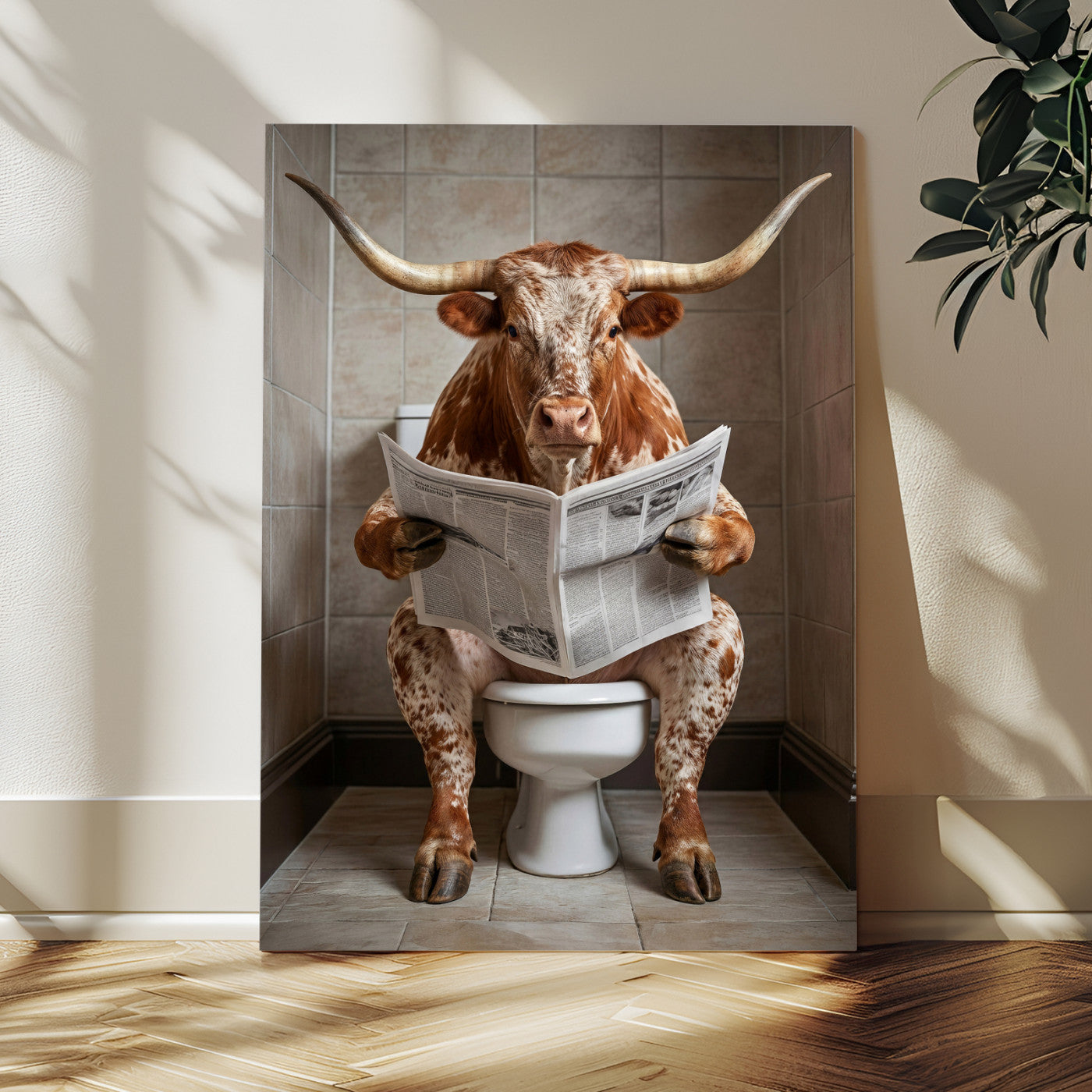 17728527-MGV-CV-24X36 - Funny Bathroom Canvas Wall Art, Texas Longhorn on Toilet Reading Newspaper, Humor Animal Print, Farmhouse Bathroom Decor, Quirky Cow Gift, Toilet Room Art