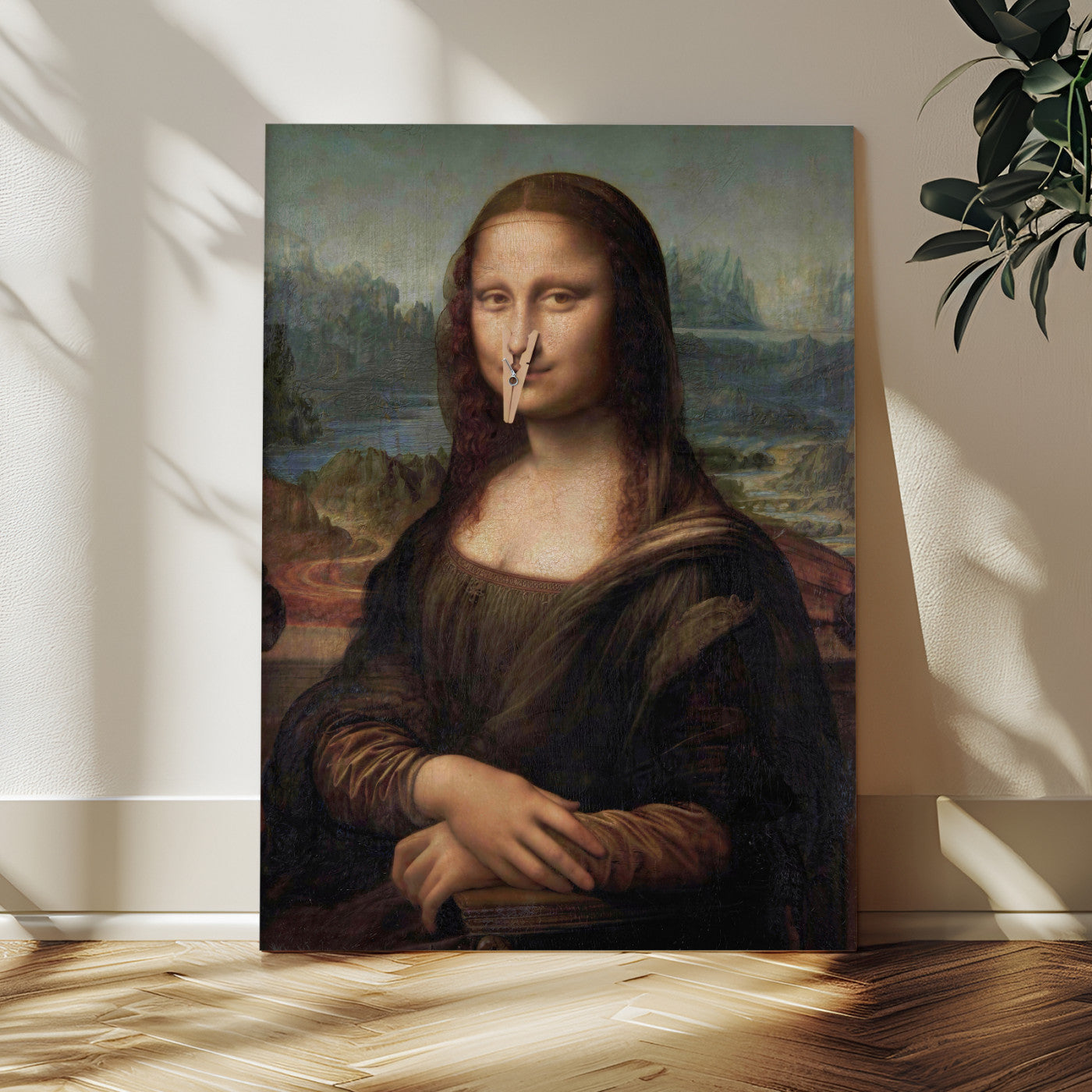59125950-MGV-CV-24X36 - Funny Bathroom Canvas Wall Art Print, Mona Lisa Clothespin Nose Humor Decor, Classic Art Parody, Toilet Room Wall Art, Quirky Housewarming Gift, Eclectic Home Decor