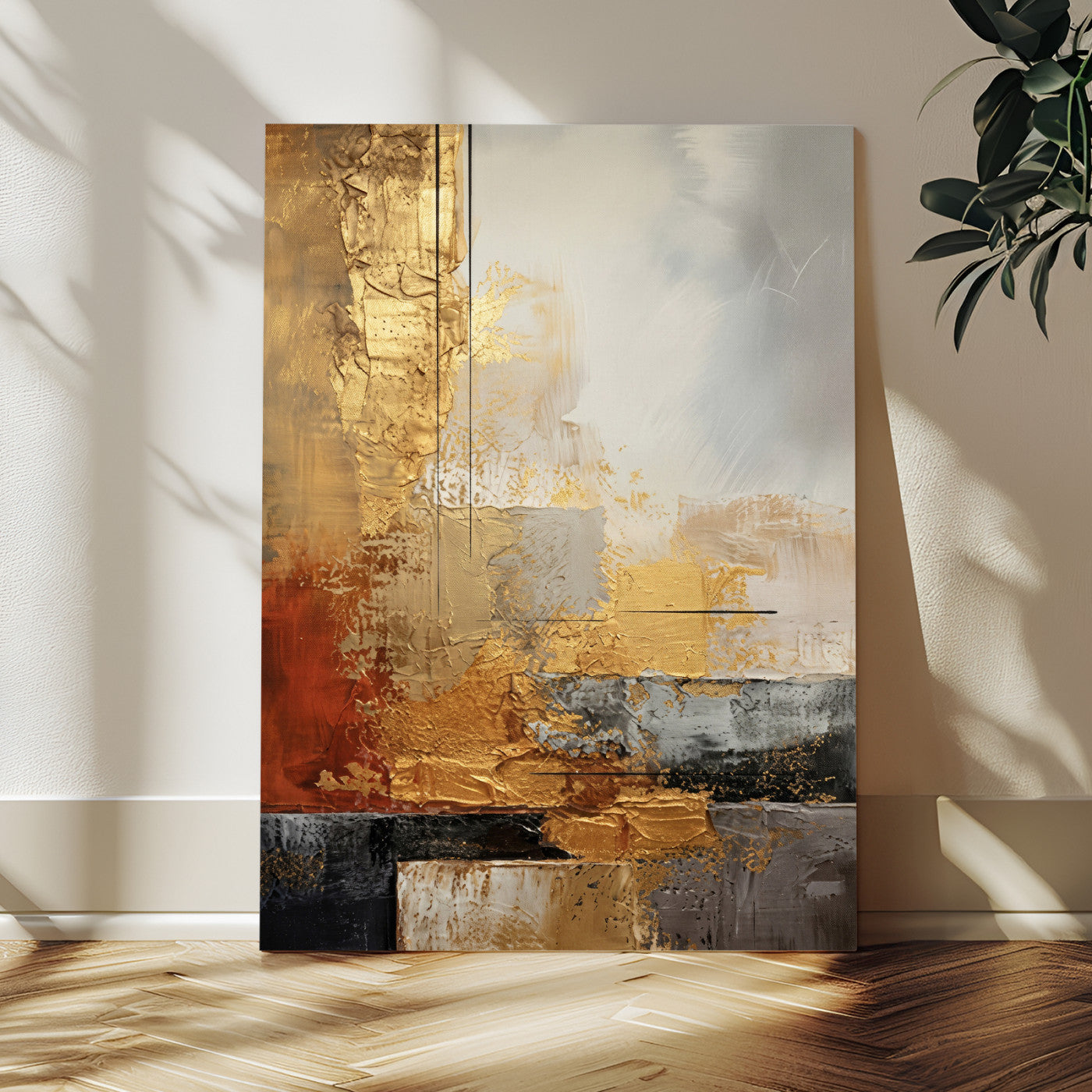 98453723G-MGV-CV-24X36 - Gold Abstract Canvas Wall Art, Luxury Textured Style Gold Leaf Painting Print, Modern Glam Decor, Gold Grey Rust Abstract Art, Living Room Statement Art