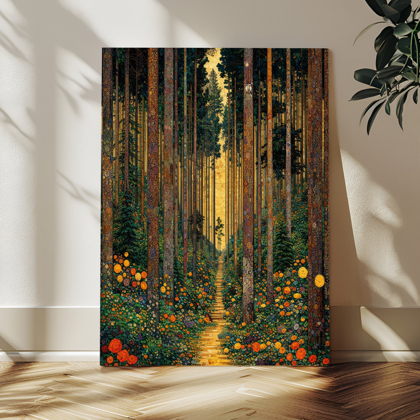 14391546-MGV-CV-24X36 - Gustav Klimt Style Forest Canvas Wall Art, Golden Forest Path Floral Art Nouveau Print, Enchanted Woodland Decor, Maximalist Colorful Nature Art
