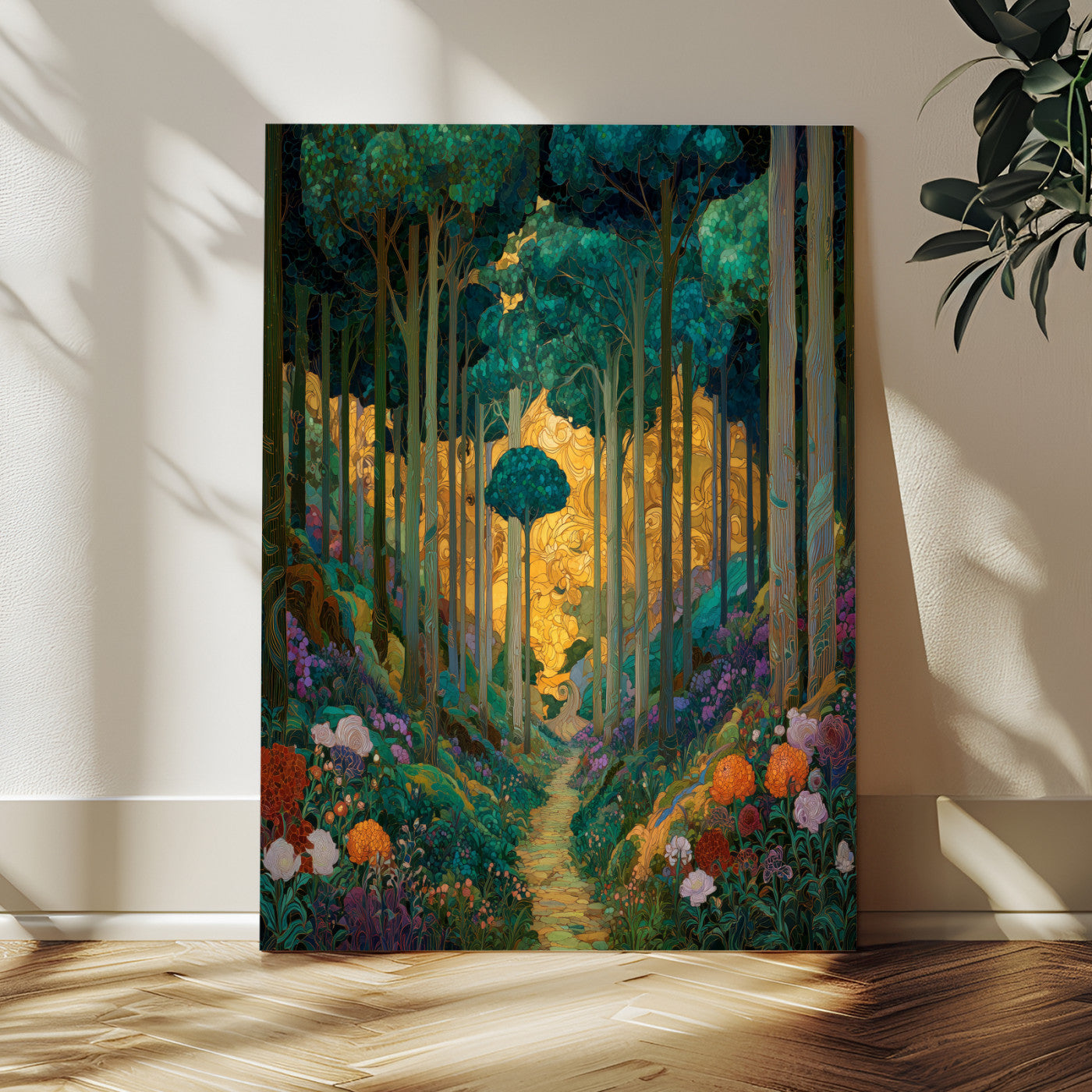 70159913-MGV-CV-24X36 - Gustav Klimt Style Forest Canvas Wall Art, Golden Forest Path Floral Art Nouveau Print, Enchanted Woodland Decor, Maximalist Colorful Nature Art