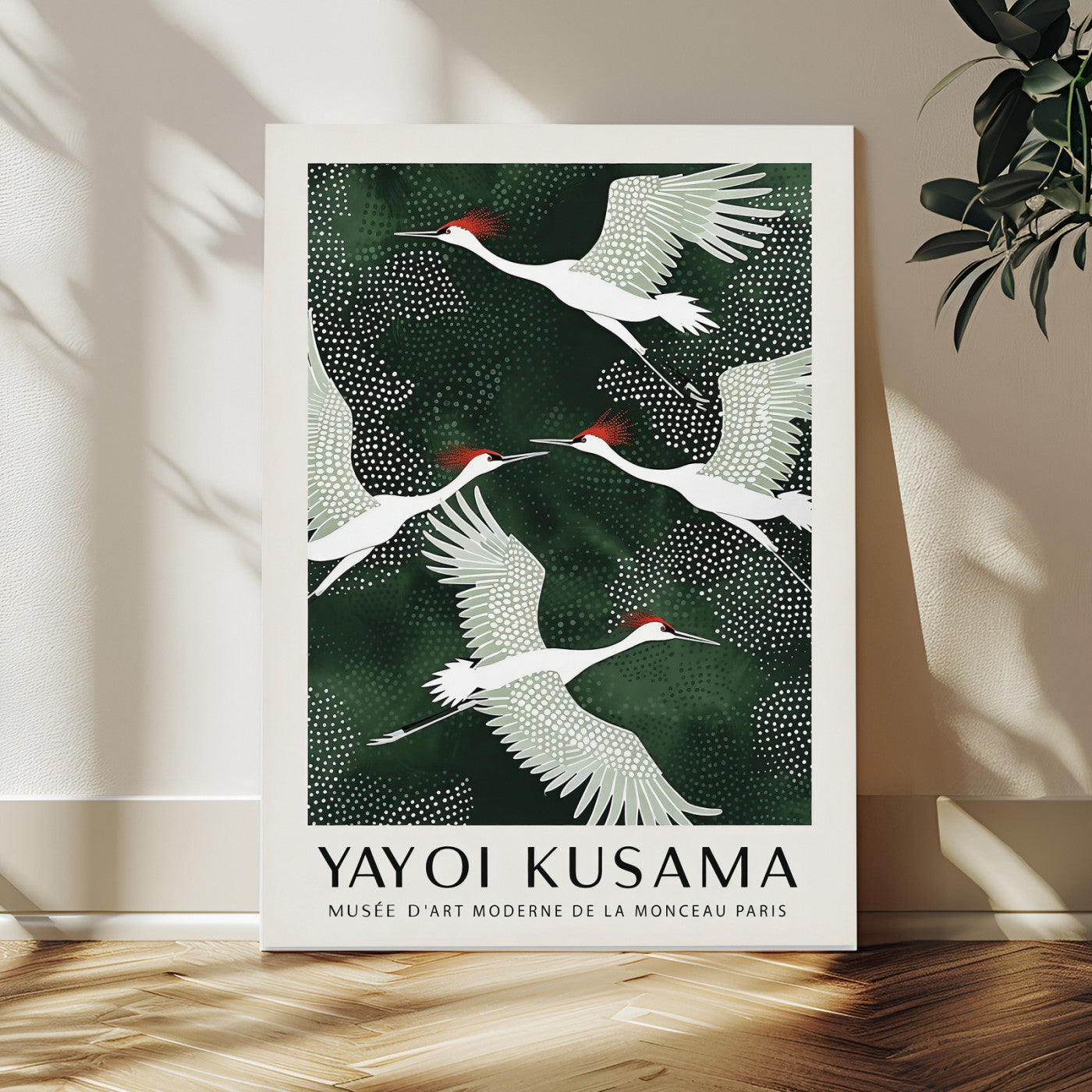 63036906-MGV-CV-24X36 - Yayoi Kusama Crane Bird Wall Art Canvas Print, Japanese Inspired Flying Heron Framed Artwork, Green Botanical Nature Decor for Living Room Bedroom Office