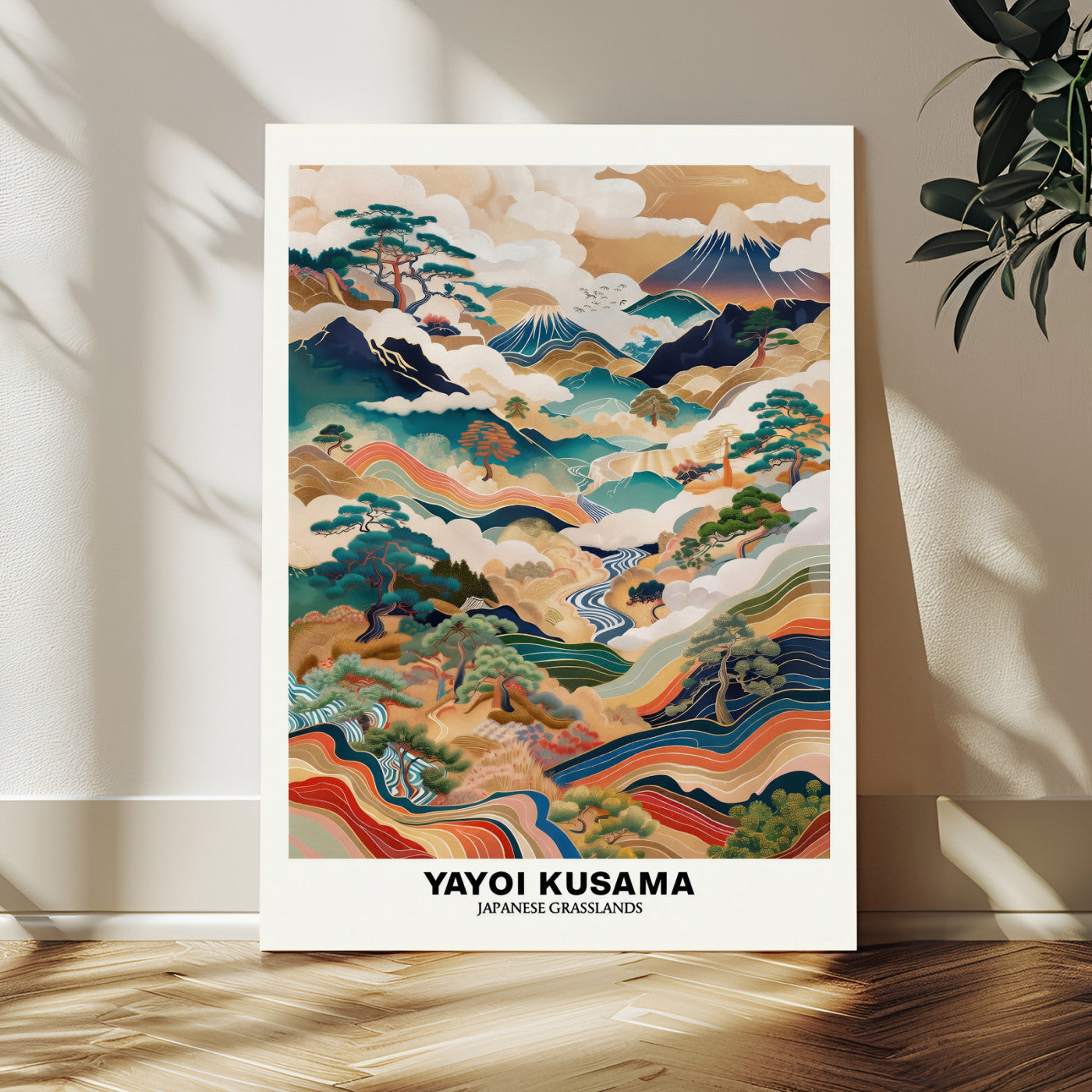 71553303-MGV-CV-24X36 - Yayoi Kusama Japanese Landscape Wall Art Canvas Print, Colorful Mountain and River Framed Artwork, Nature Inspired Asian Scenic Decor for Living Room Bedroom Office