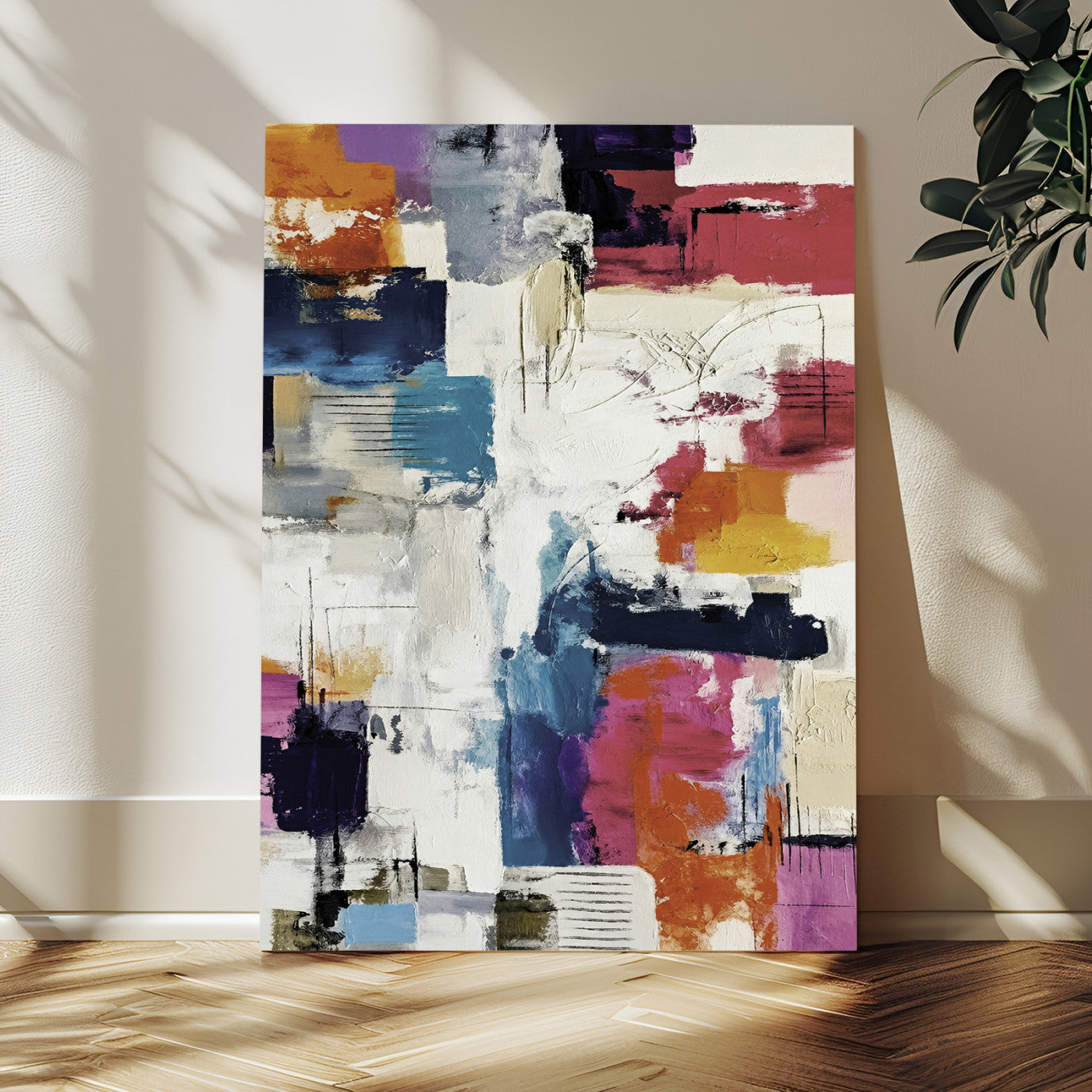83175929-MGV-CV-24X36 - Blue Teal Abstract Canvas Wall Art, Modern Textured Painting Print, Navy Orange White Contemporary Art, Neutral Living Room Decor, Office Art