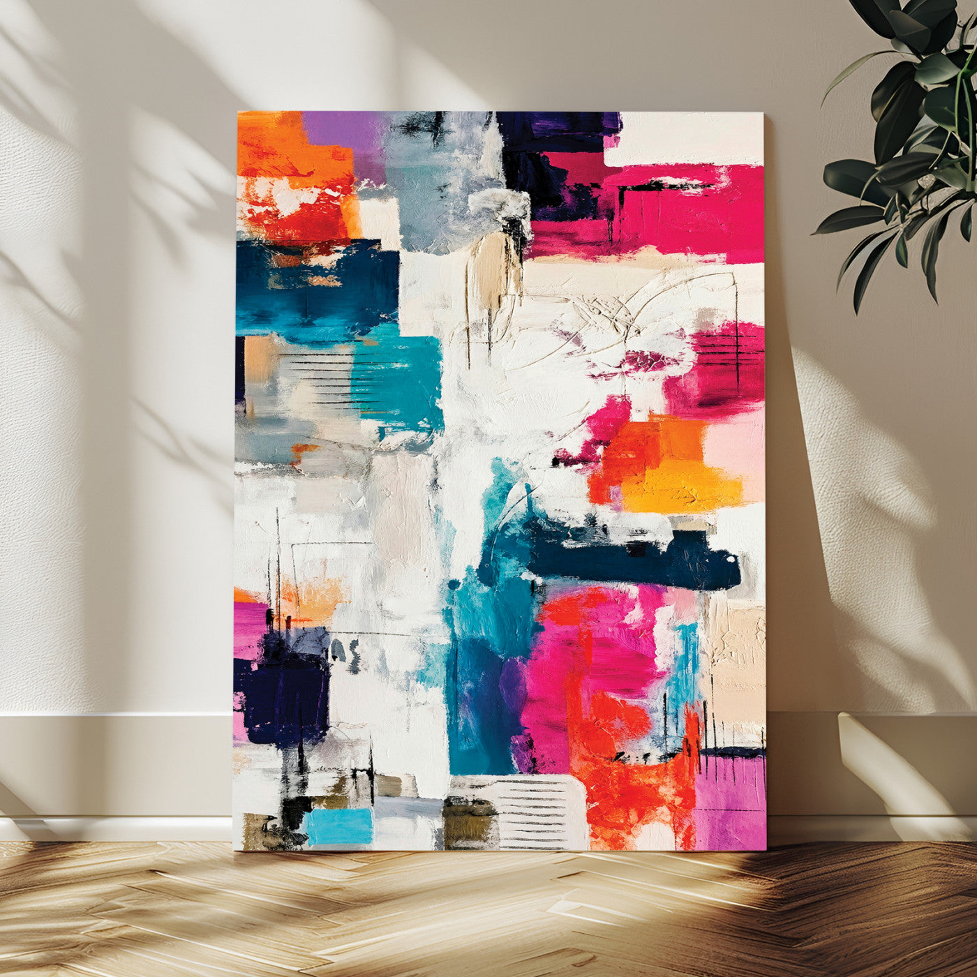 83175929-MGV-CV-24X36 - Blue Teal Abstract Canvas Wall Art Print - Modern Textured Painting Print, Navy Orange White Contemporary Art, Neutral Living Room Decor, Office Art