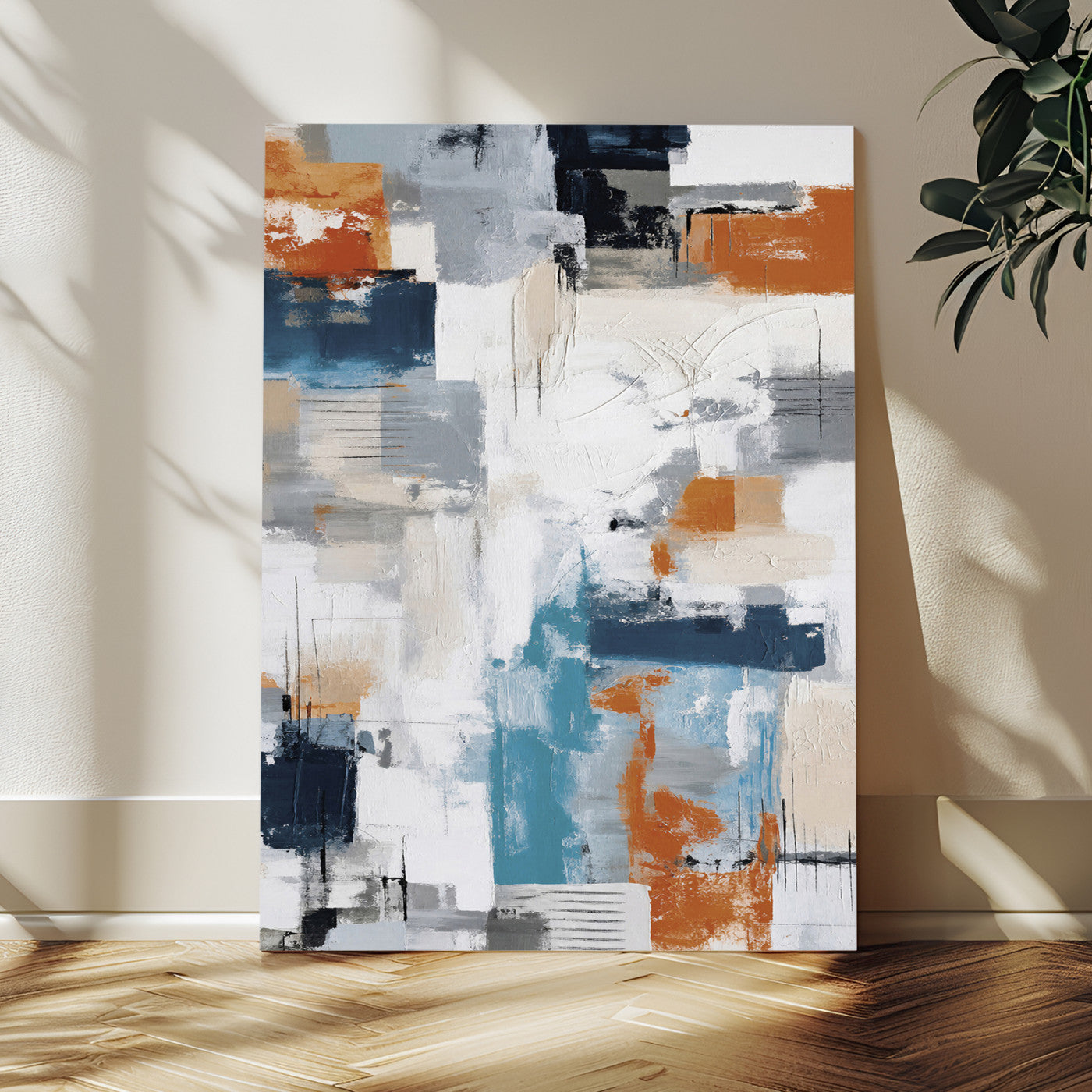 39825760-MGV-CV-24X36 - Blue Teal Abstract Canvas Wall Art, Modern Textured Painting Print, Navy Orange White Contemporary Art, Neutral Living Room Decor, Office Art