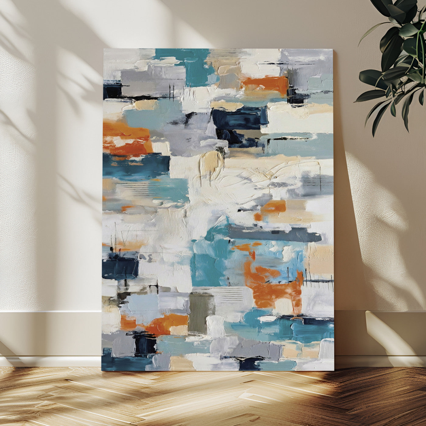 74742966-MGV-CV-24X36 - Blue Teal Abstract Canvas Wall Art, Modern Textured Painting Print, Navy Orange White Contemporary Art, Neutral Living Room Decor, Office Art