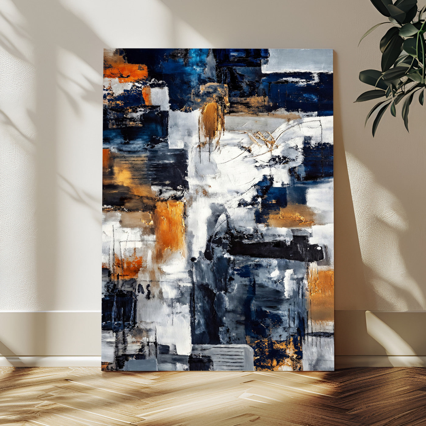 85264820-MGV-CV-24X36 - Blue Teal Abstract Canvas Wall Art, Modern Textured Painting Print, Navy Orange White Contemporary Art, Neutral Living Room Decor, Office Art