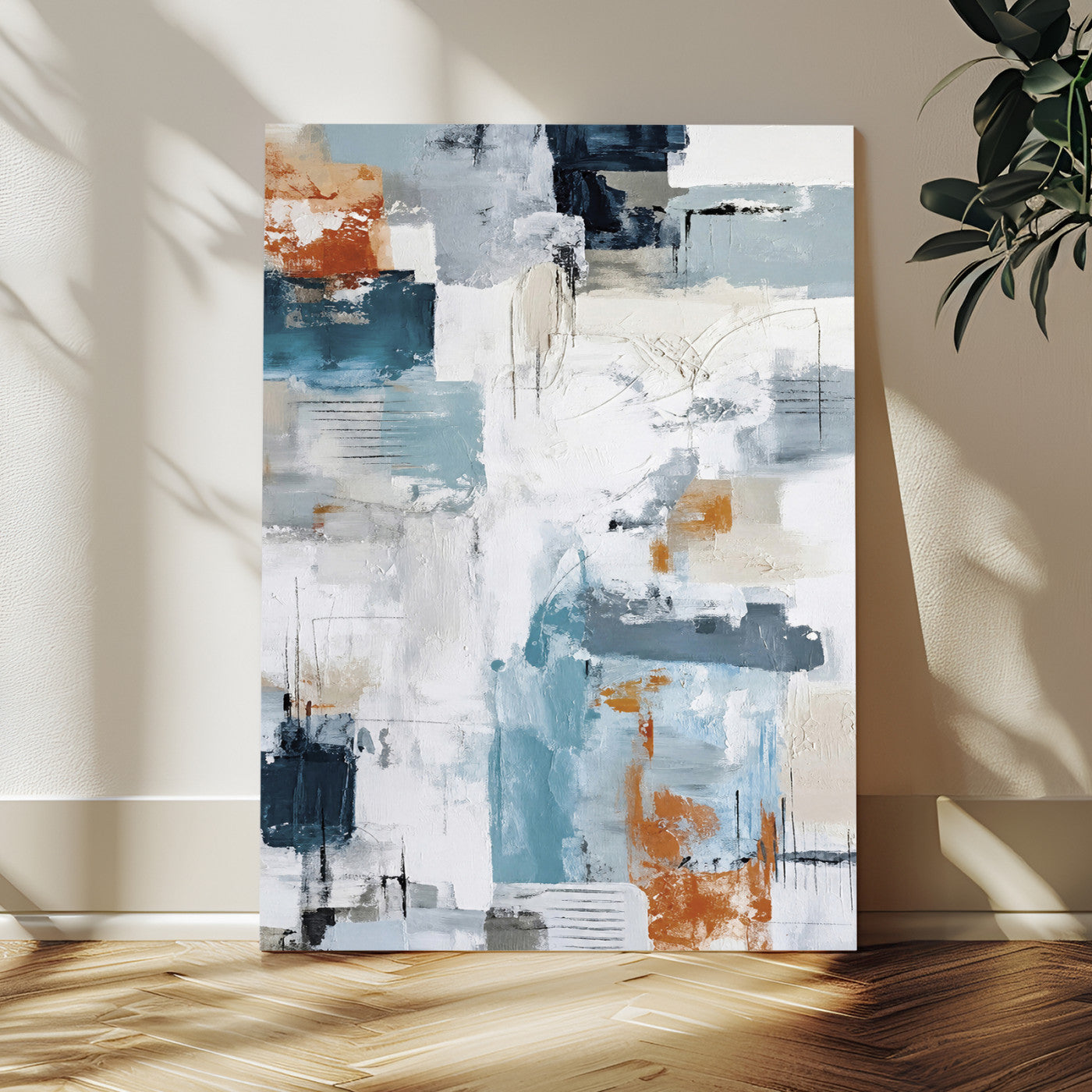 47011485-MGV-CV-24X36 - Blue Teal Abstract Canvas Wall Art, Modern Textured Painting Print, Navy Orange White Contemporary Art, Neutral Living Room Decor, Office Art