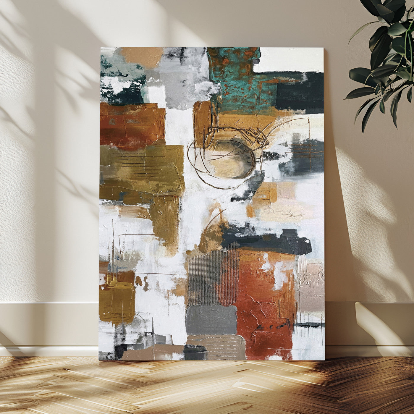 71530836-MGV-CV-24X36 - Blue Teal Abstract Canvas Wall Art, Modern Textured Painting Print, Navy Orange White Contemporary Art, Neutral Living Room Decor, Office Art