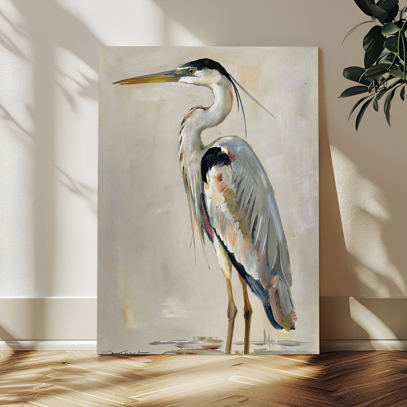 66936694-MGV-CV-24X36 - Great Blue Heron Canvas Wall Art Coastal Bird Oil Painting Print