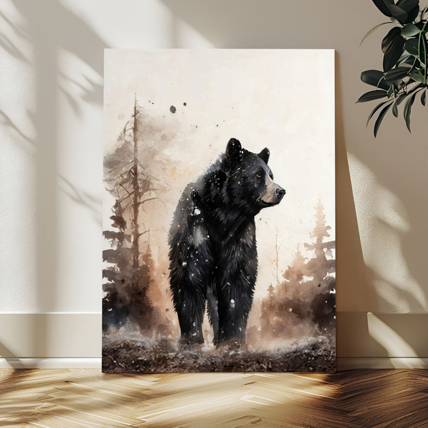 17399305-MGV-CV-24X36 - Black Bear Canvas Wall Art Winter Forest Watercolor Painting Print