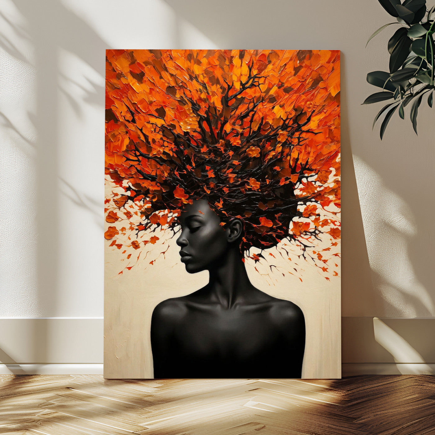 99995103-MGV-CV-24X36 - Black Woman Autumn Tree Canvas Wall Art Surreal African Portrait Painting Print