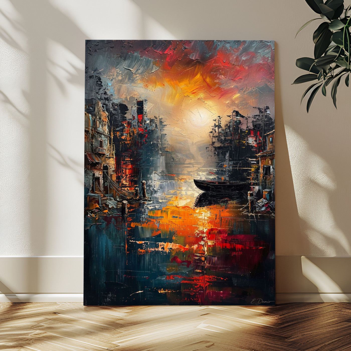 16611381-MGV-CV-24X36 - Vibrant Sunset Harbor Canvas Wall Art Abstract Cityscape Oil Painting Print