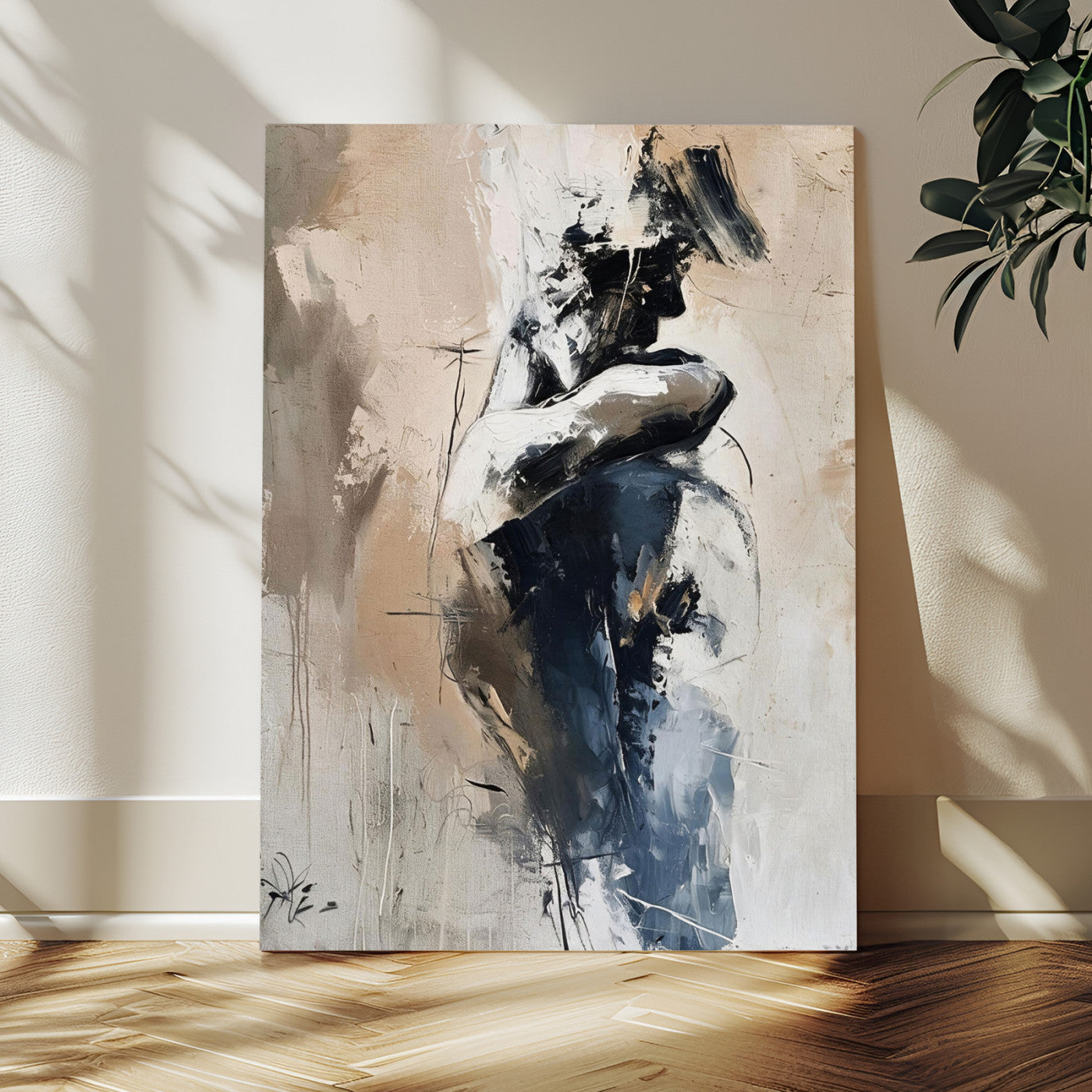 60223455-MGV-CV-24X36 - Monochrome Figurative Abstract Canvas Wall Art Moody Figure Oil Painting Print