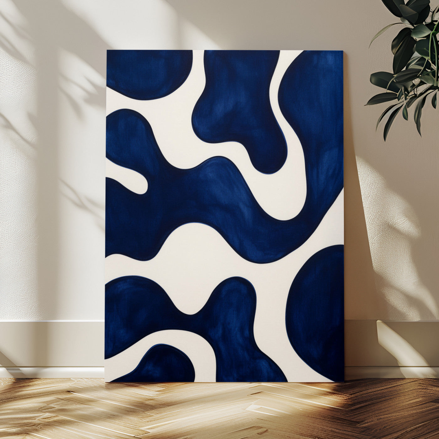 37225955-MGV-CV-24X36 - Minimalist Navy Blue Abstract Canvas Wall Art Organic Shapes Painting Print