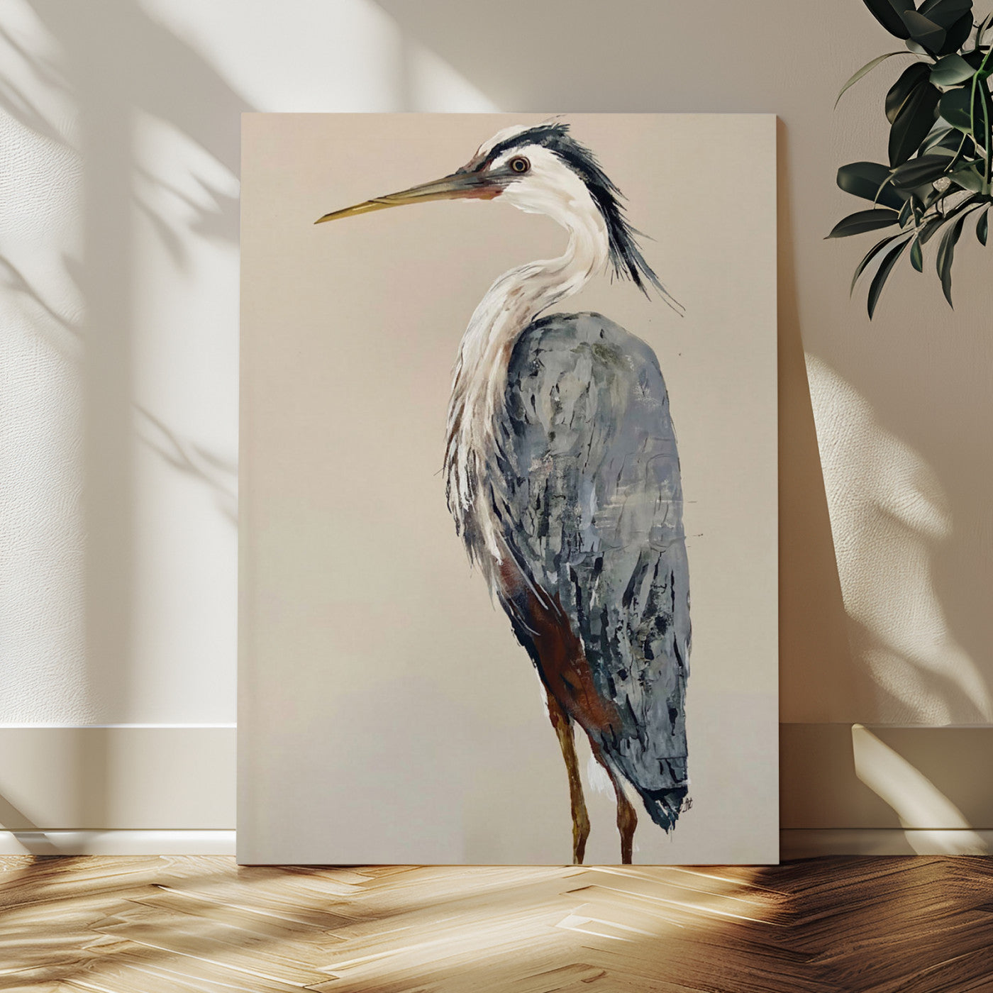80349996-MGV-TP-24X36 - Great Blue Heron Canvas Wall Art - Coastal Bird Oil Painting Print for Home Wall Decor
