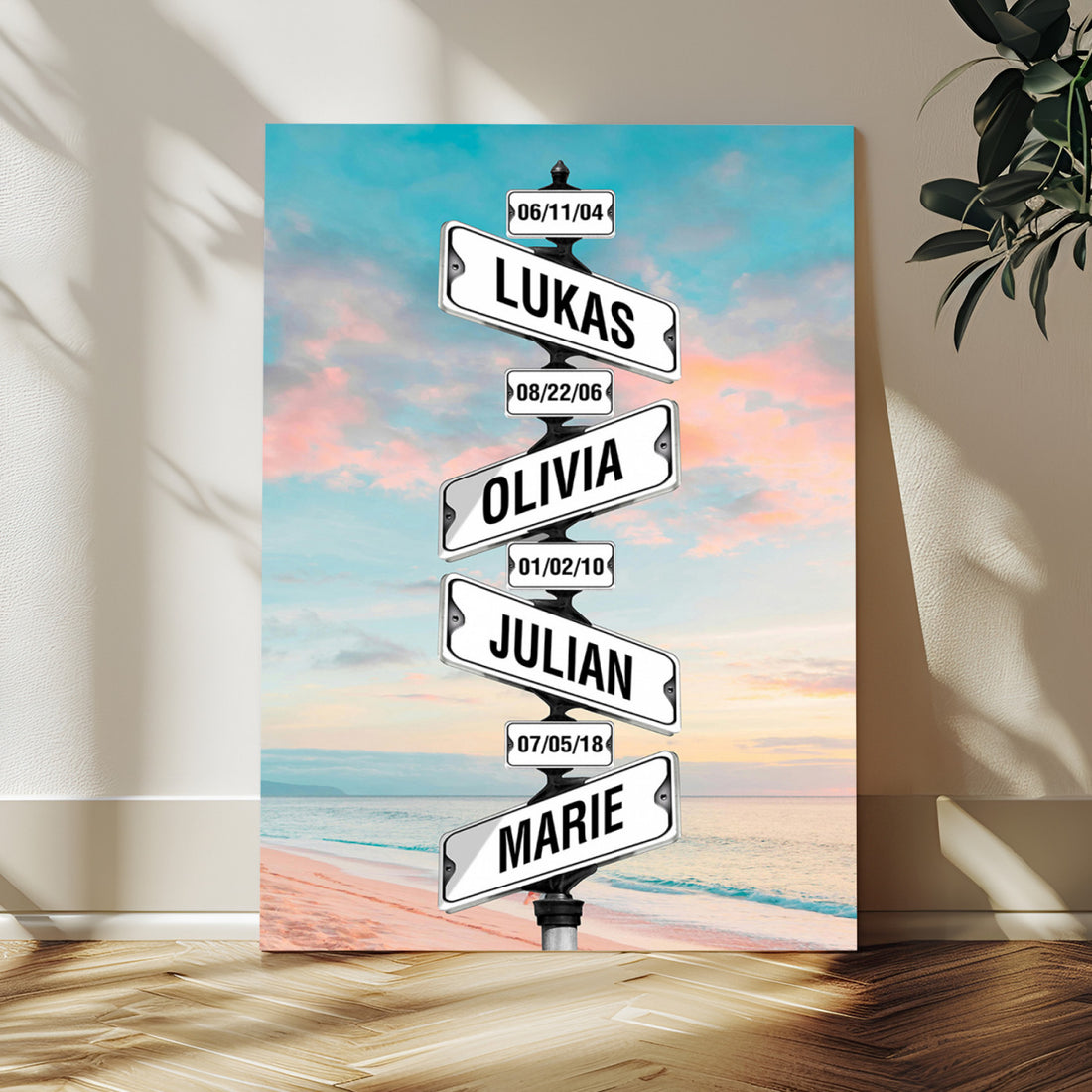 Family Street Sign Canvas Print, Personalized Names Signpost Wall Art