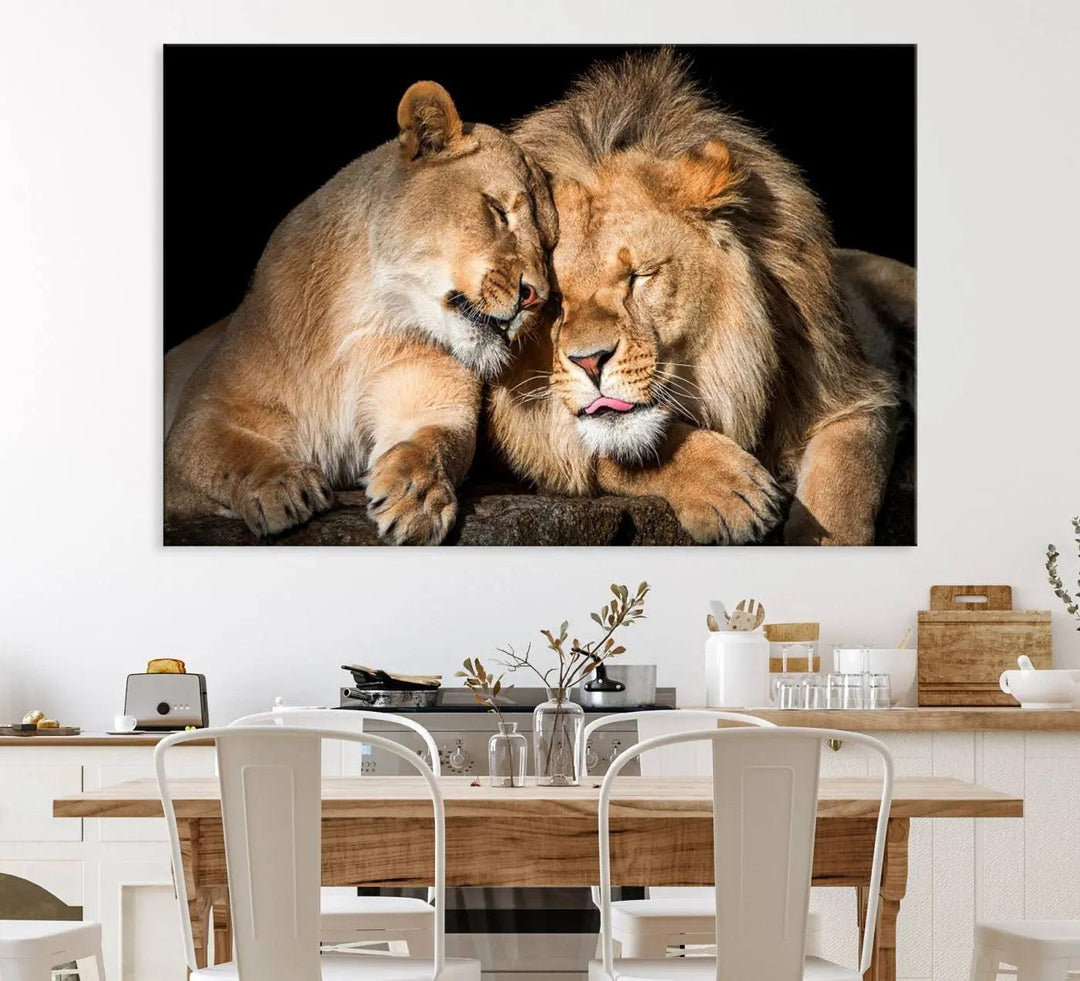 The impressive Lion and Lioness Wall Art Print, a 3-panel African wildlife canvas, features two lions cuddling against a black backdrop.