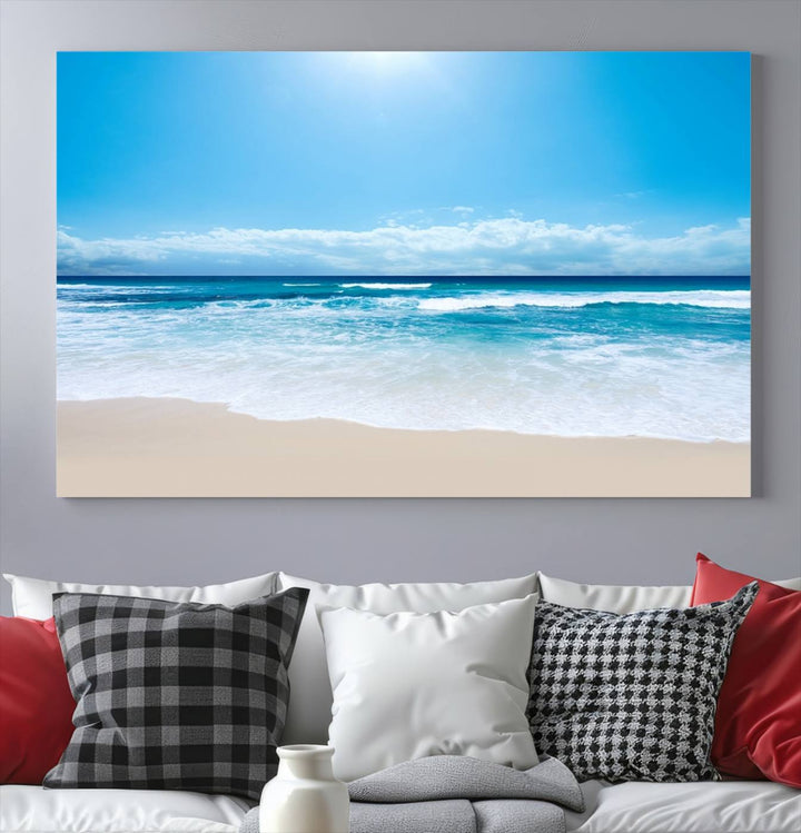 Lienzo decorativo para pared grande con estampado de mar y playa azul brillante