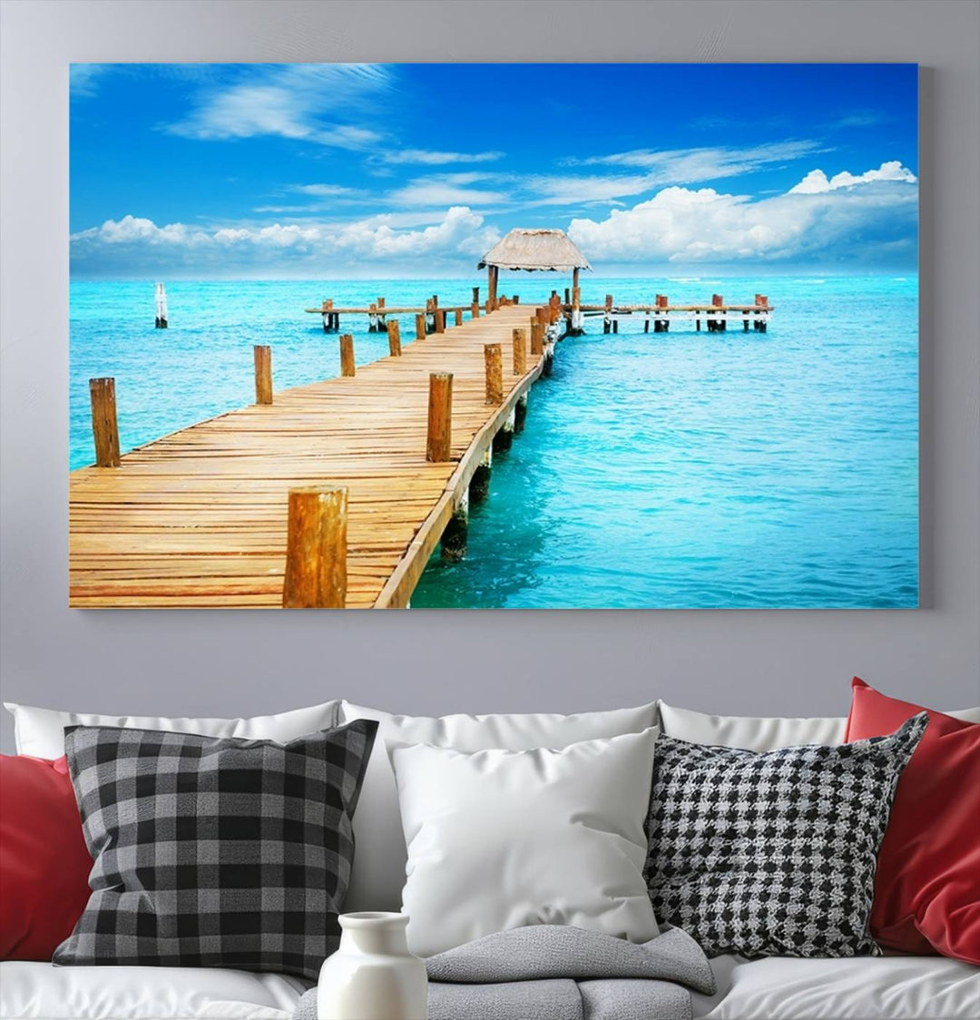 Tropical Pier Triptych Wall Art, Stunning Turquoise Ocean and Wooden Dock Canvas Print, Coastal Beach House Decor, Ocean View Canvas Art