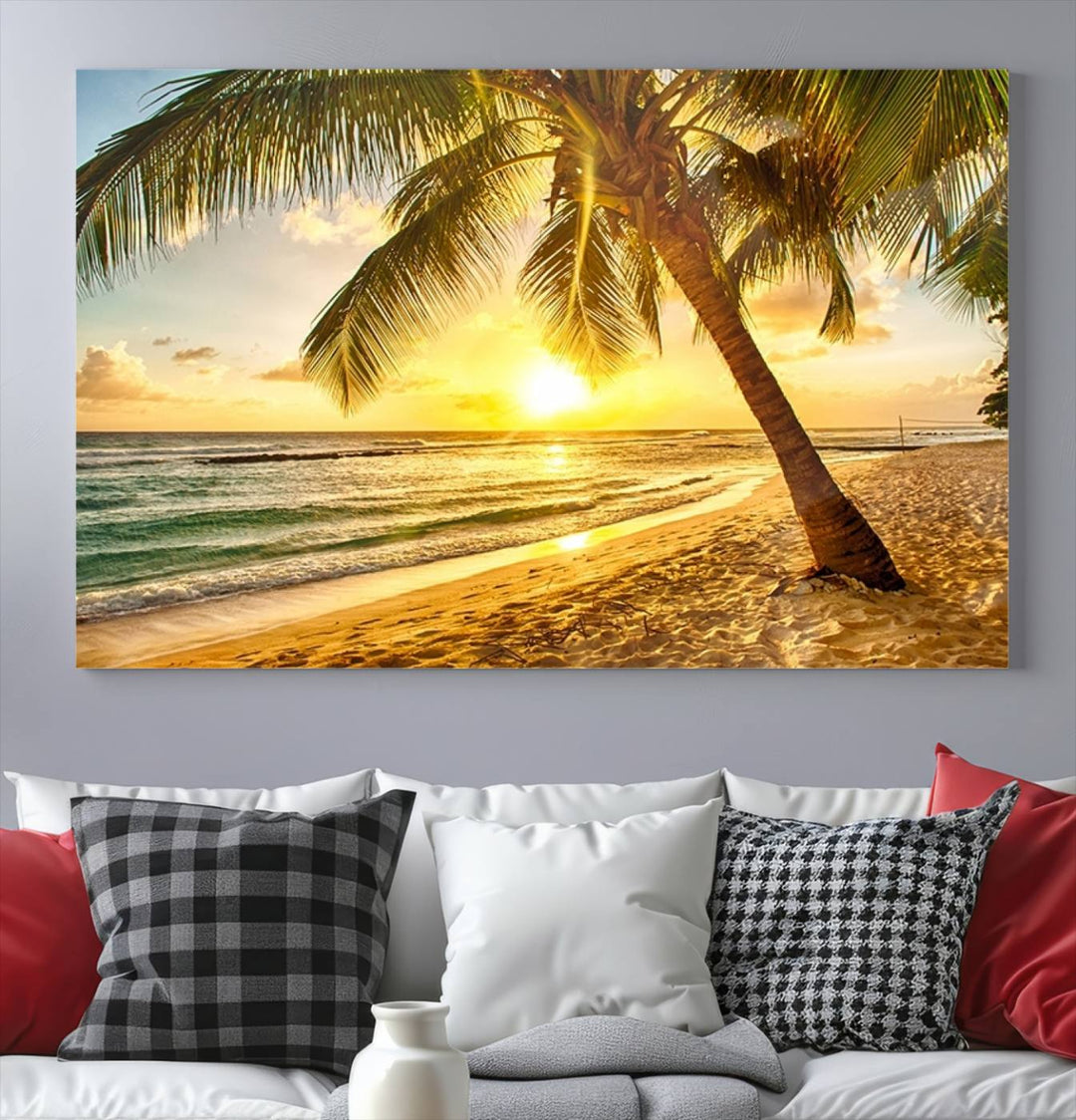 Wall Art Canvas Print Palm on Beach at Bright Sunset