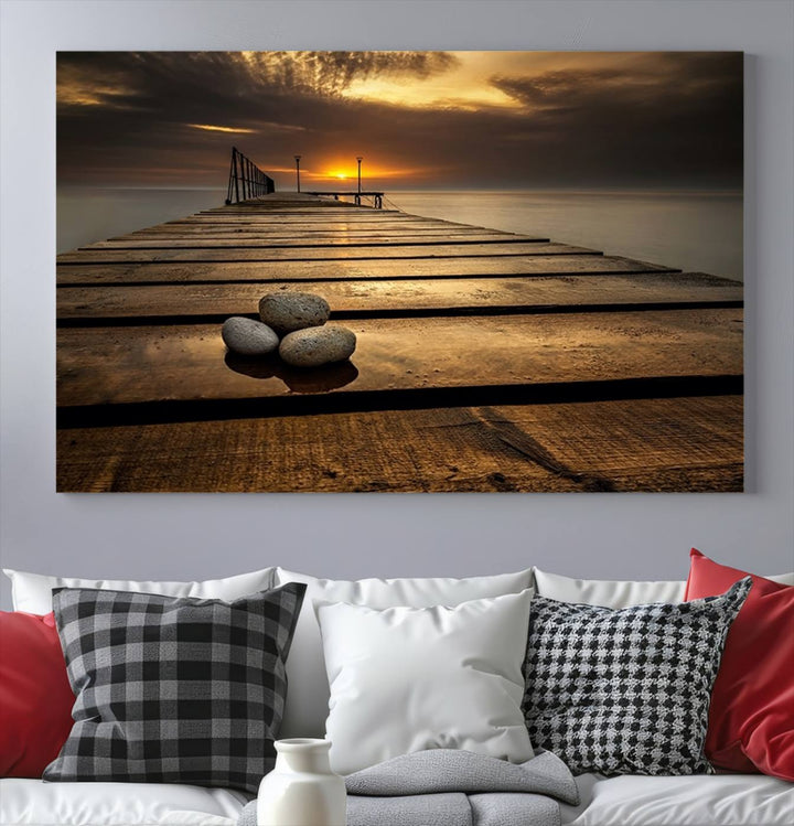 Stones on Wooden Pier at Sunset Wall Art Canvas