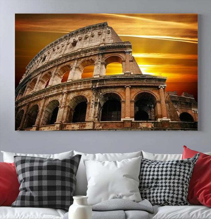 A three-panel canvas titled "Colosseum with Yellow Sunset Behind, Italy," protected with a UV-coating, is elegantly displayed.